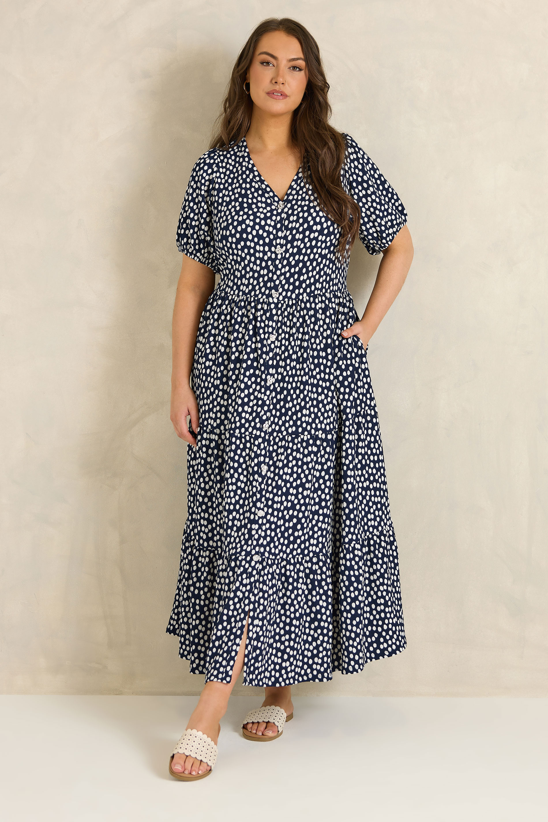 EVANS Plus Size Navy Blue Spot Print Tiered Maxi Dress | Evans 3