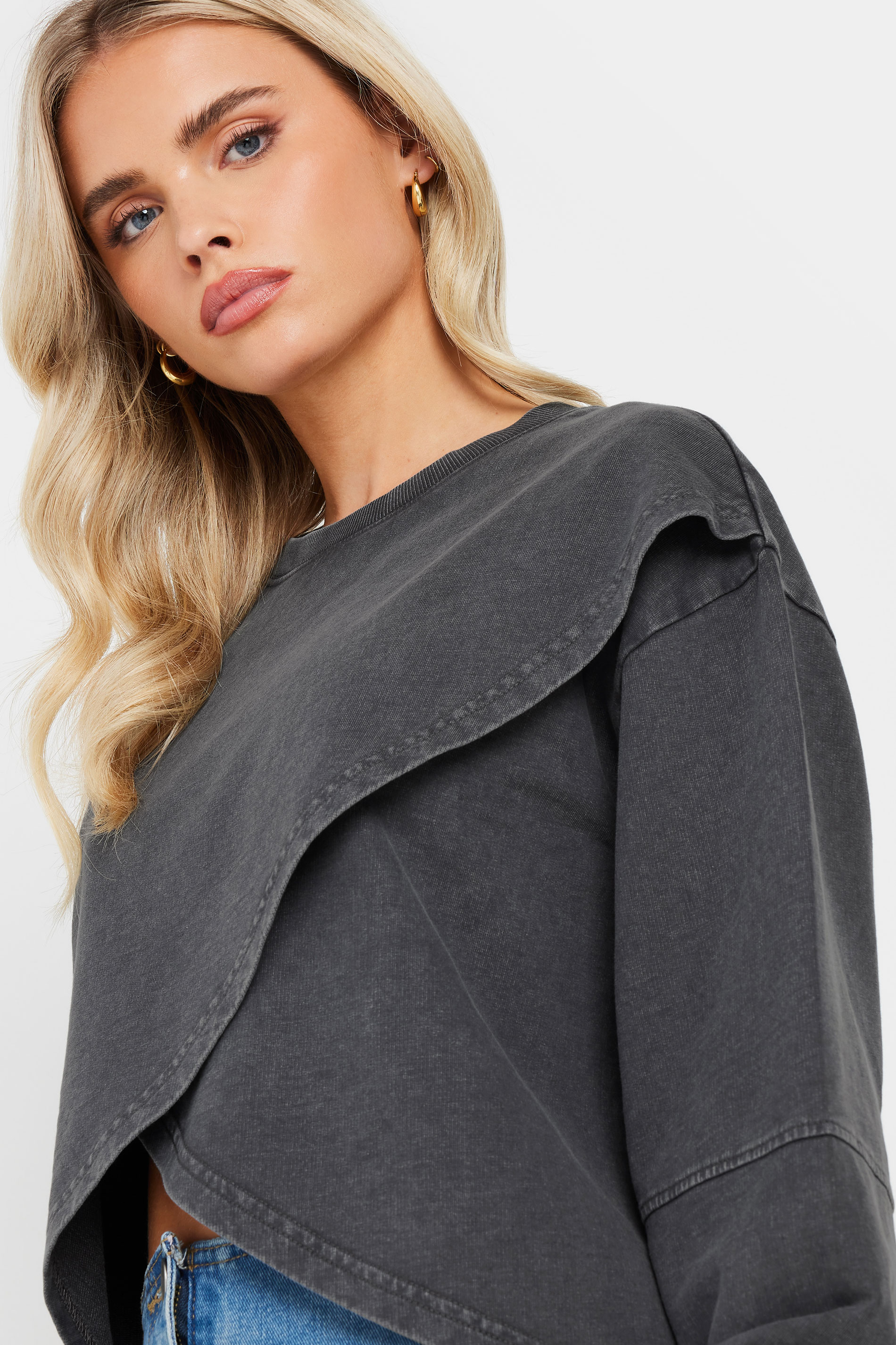 PixieGirl Petite Women's Grey Acid Wash Cross Over Cotton Sweatshirt | PixieGirl 4