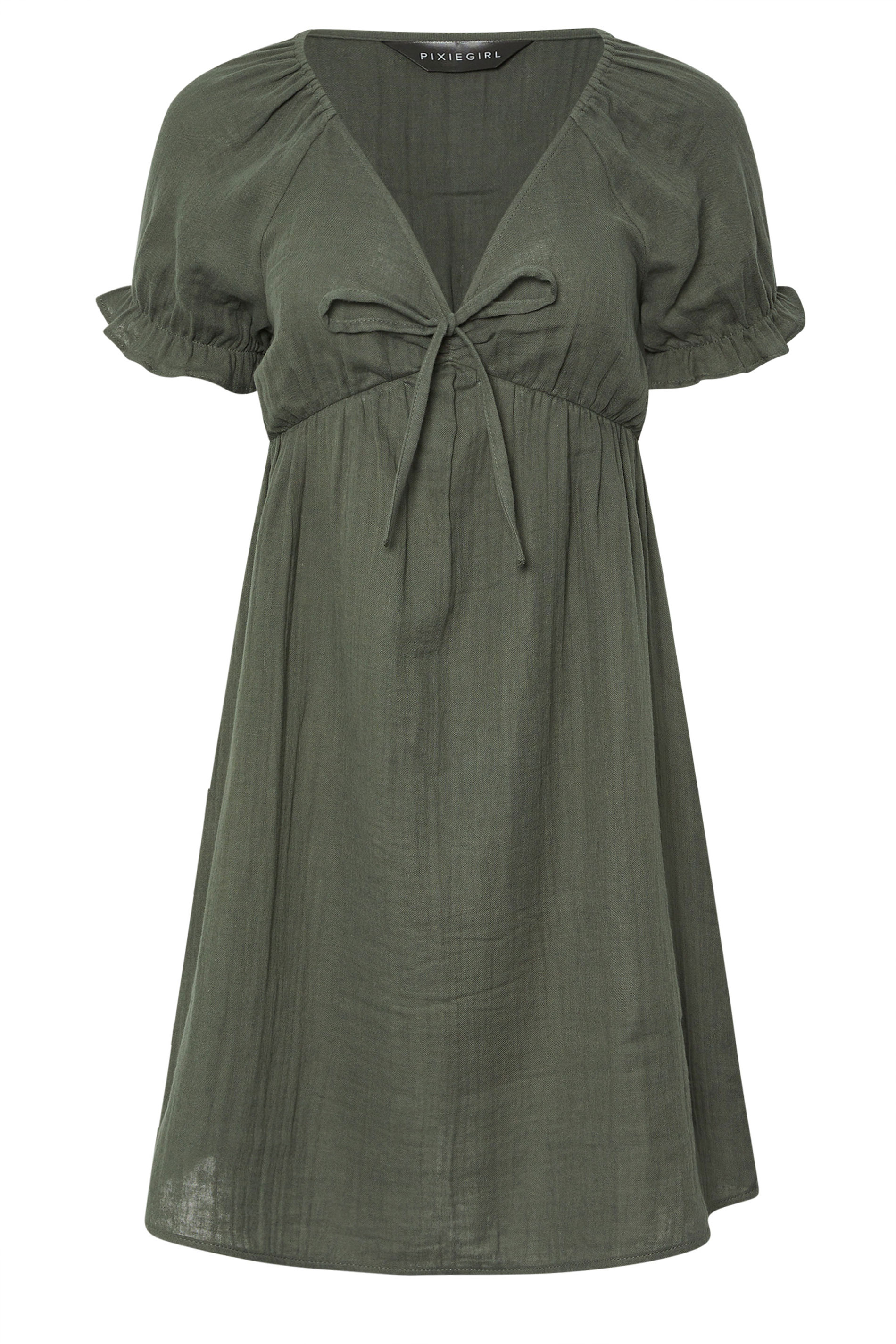 PixieGirl Petite Women's Khaki Green Tie Front Cotton Mini Dress | PixieGirl 6