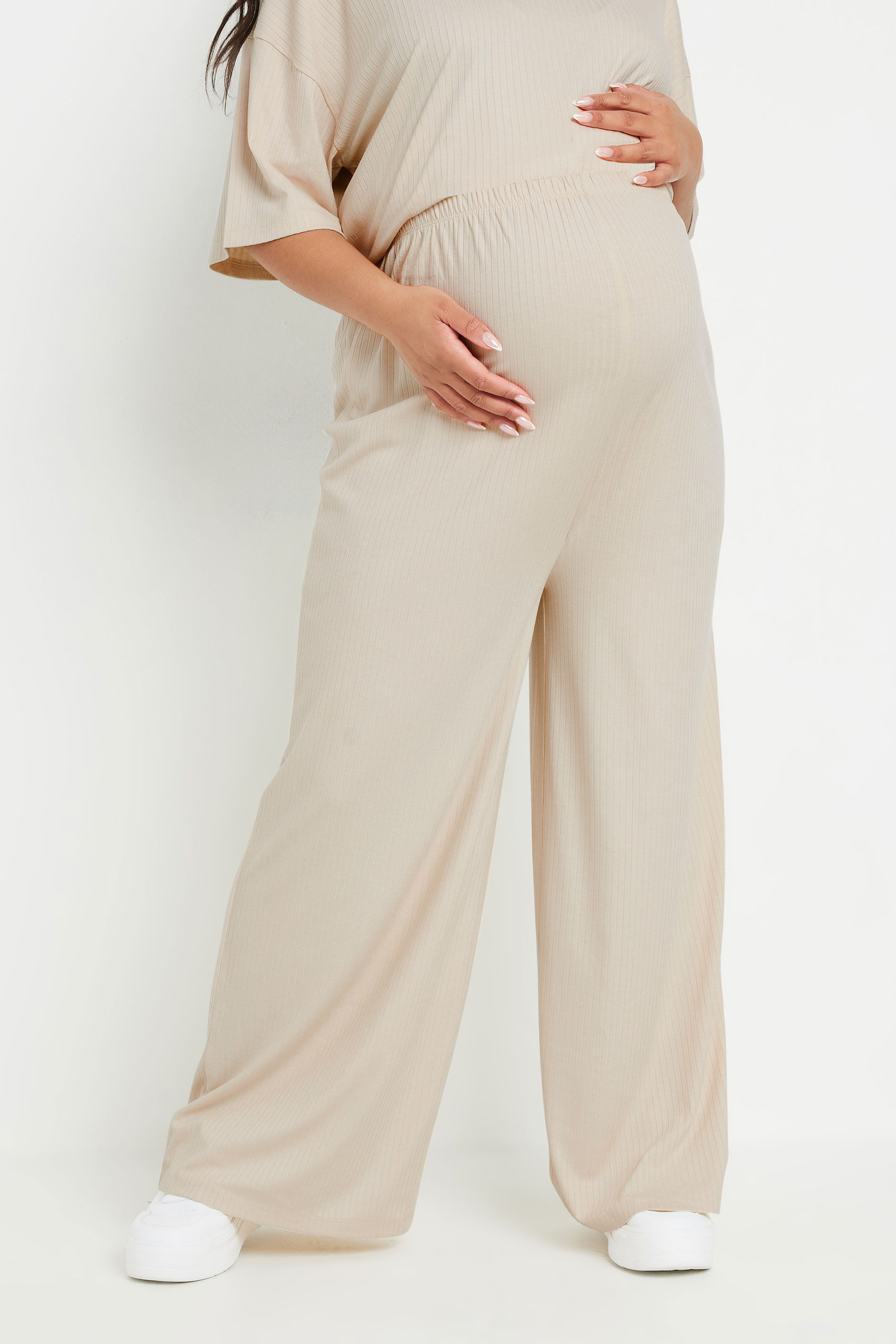 BUMP IT UP MATERNITY Plus Size Cream Premium Ribbed Wide Leg Trousers | Yours Clothing 3