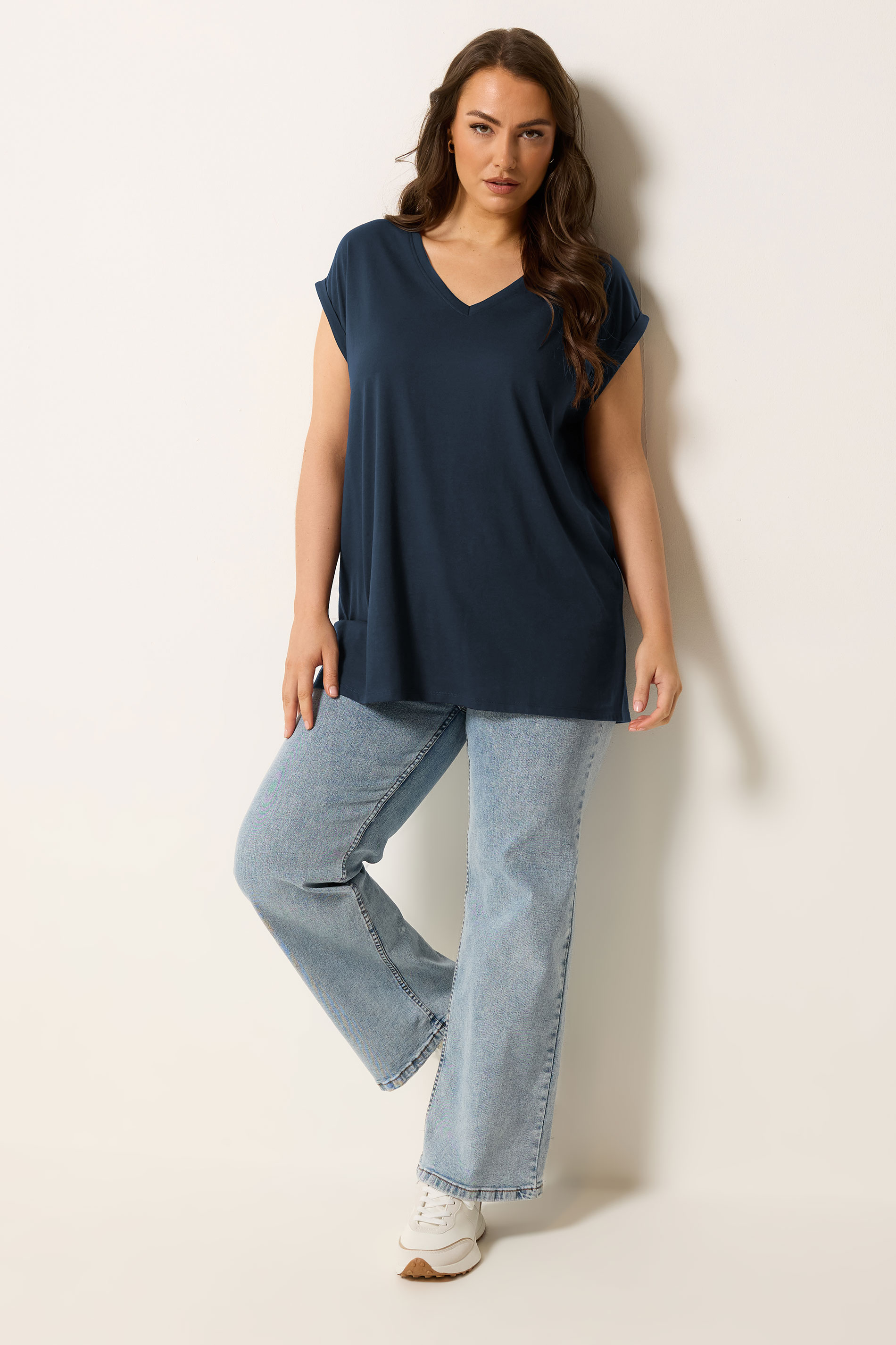 YOURS Plus Size Navy Blue V-Neck Basic T-Shirt | Yours Clothing 3