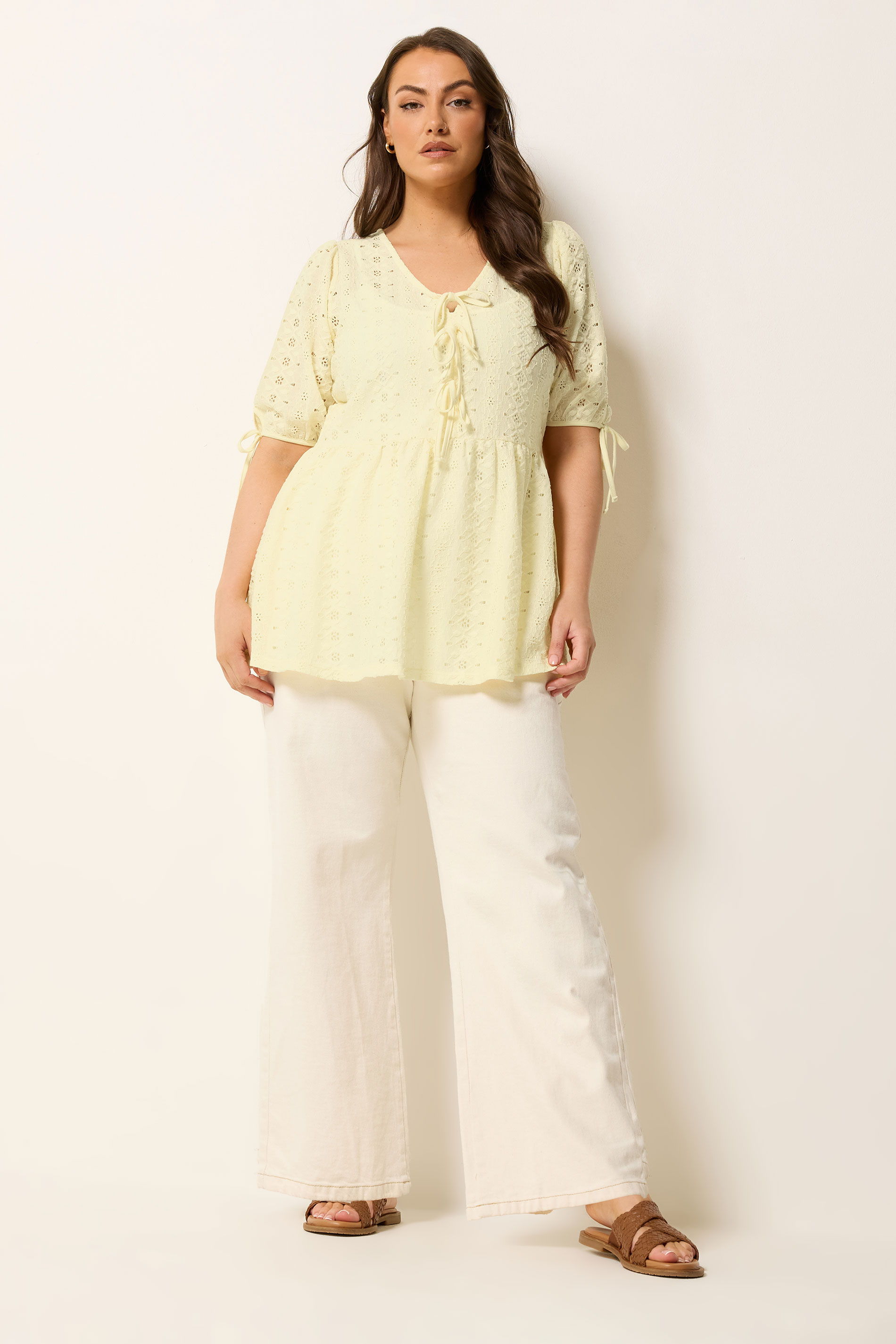 YOURS Plus Size Yellow Broderie Anglaise Bow Tie Front Top | Yours Clothing 2