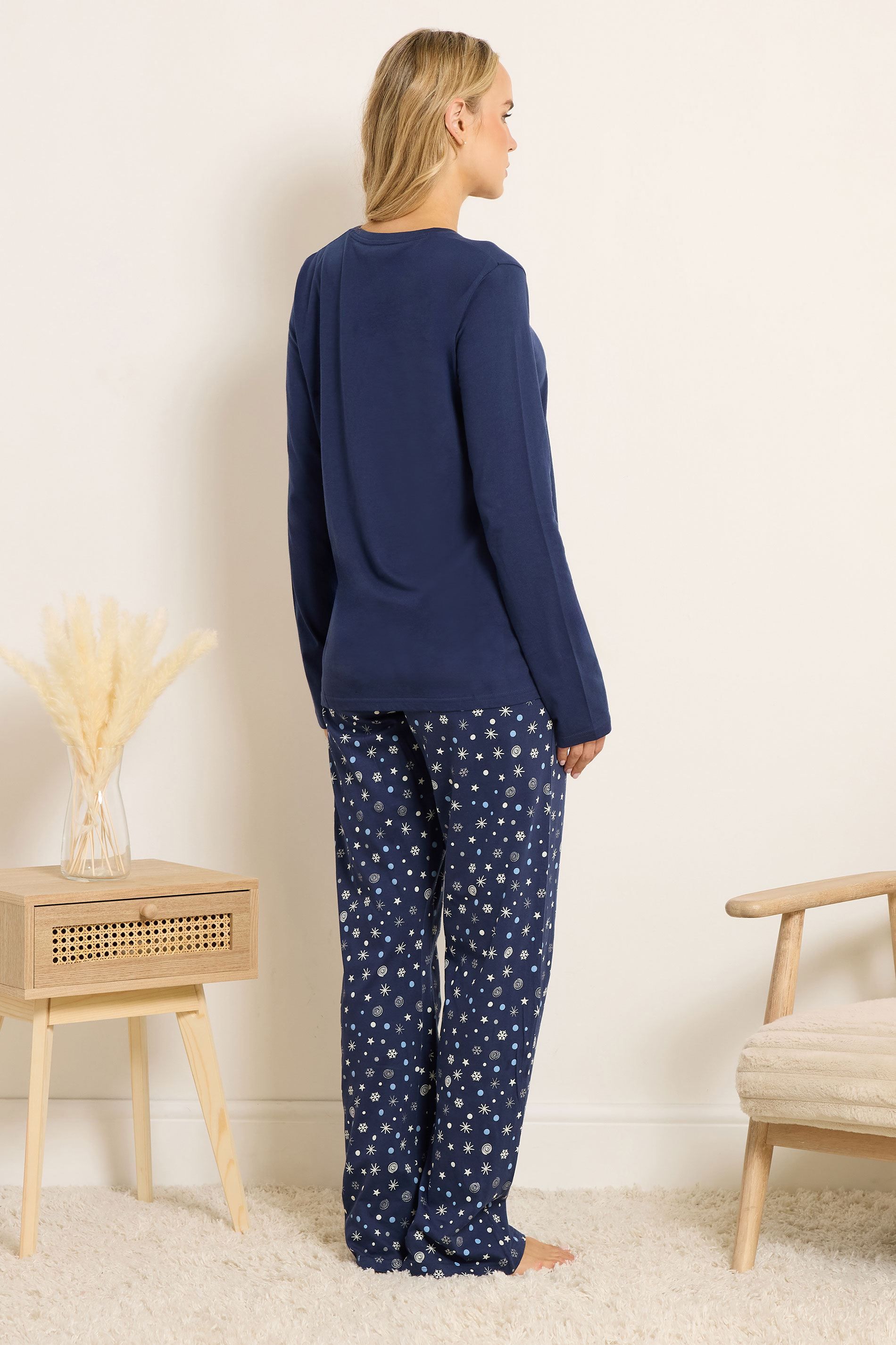 LTS Tall Navy Blue 'Cosy Nights' Slogan Wide Leg Cotton Pyjama Set | Long Tall Sally 2