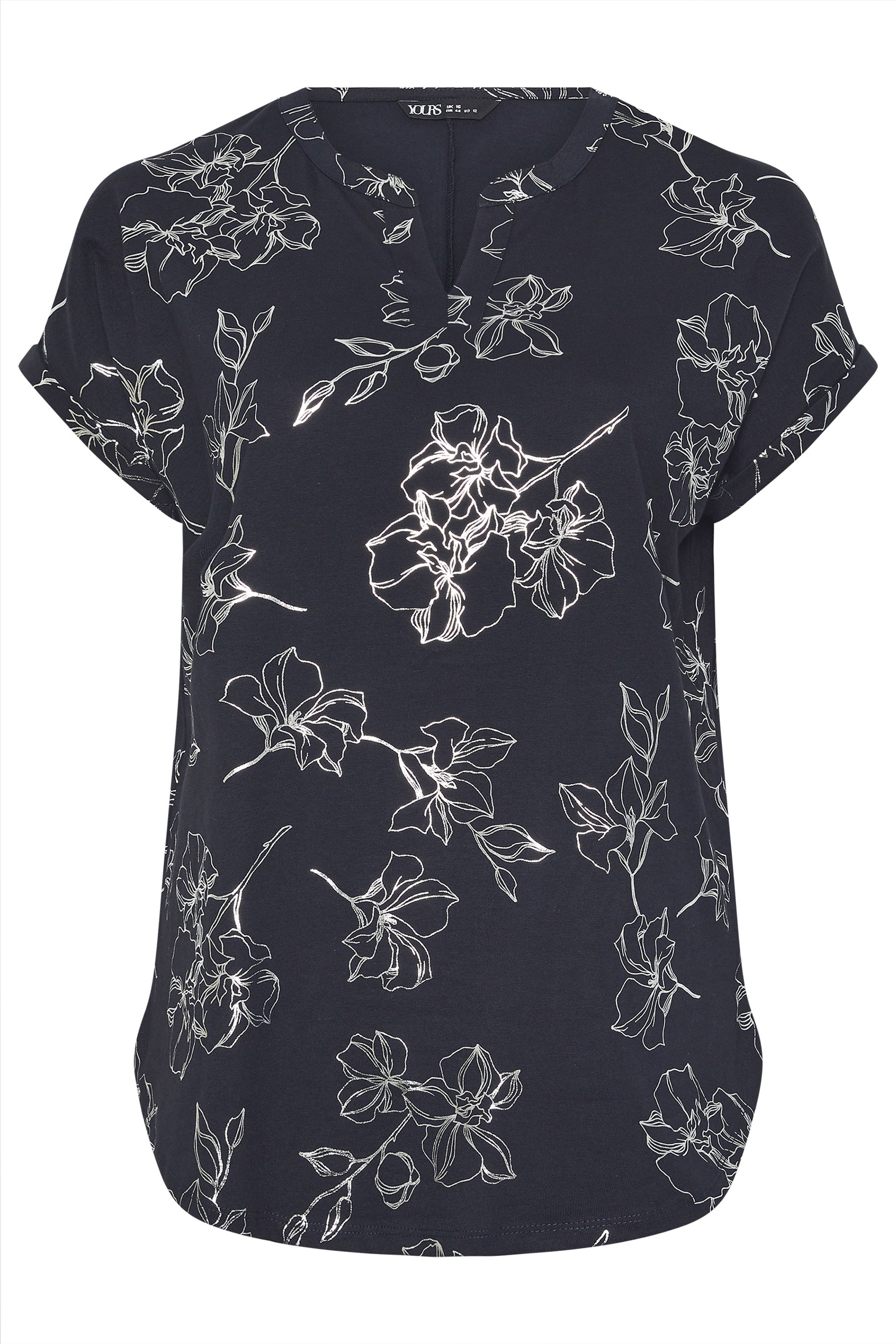 YOURS Plus Size Black Floral Foil Notch Neck Top | Yours Cloting 5