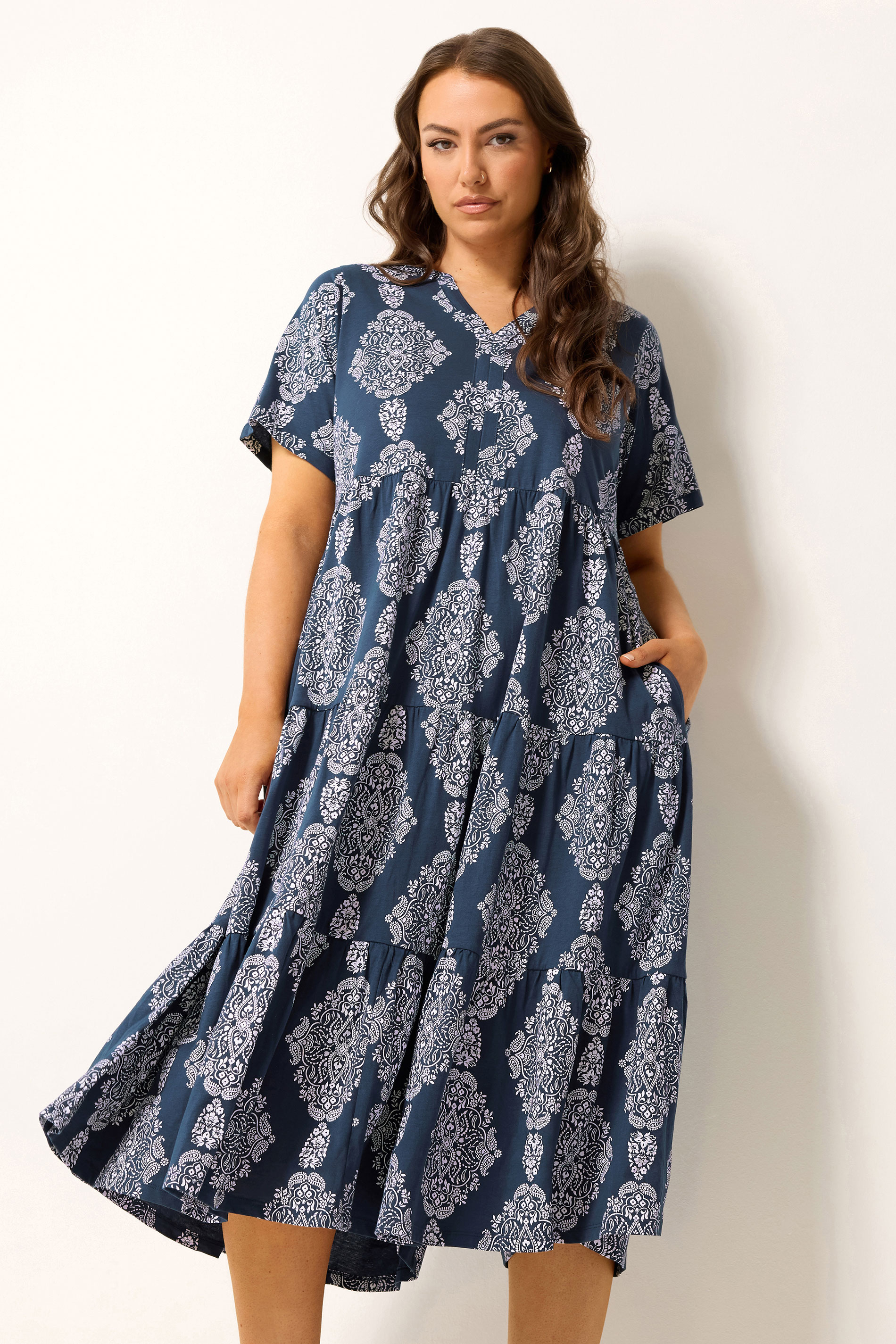YOURS Plus Size Navy Blue Paisley Tiered Midi Dress | Yours Clothing 3