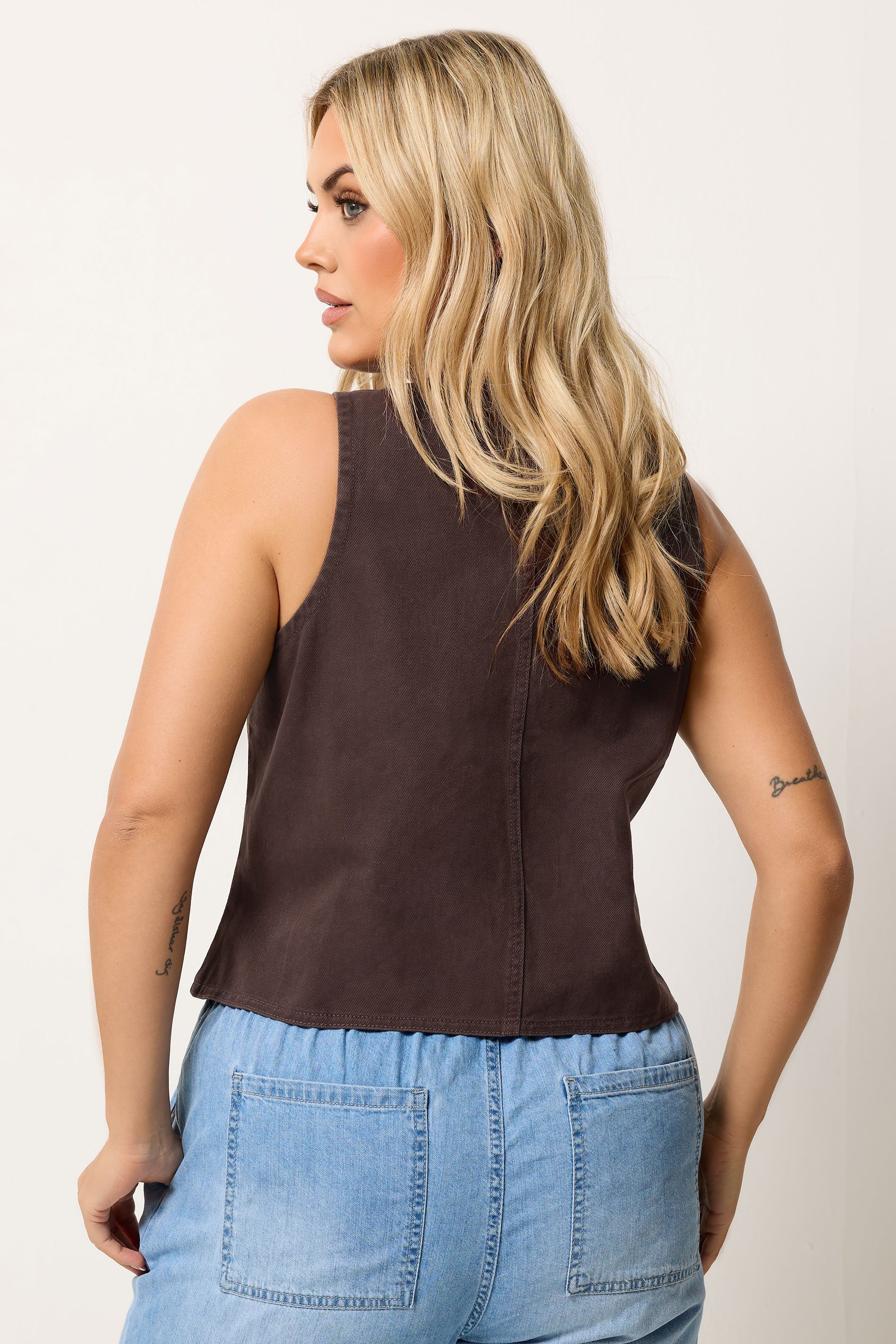 YOURS Plus Size Chocolate Brown Denim Waistcoat | Yours Clothing 2