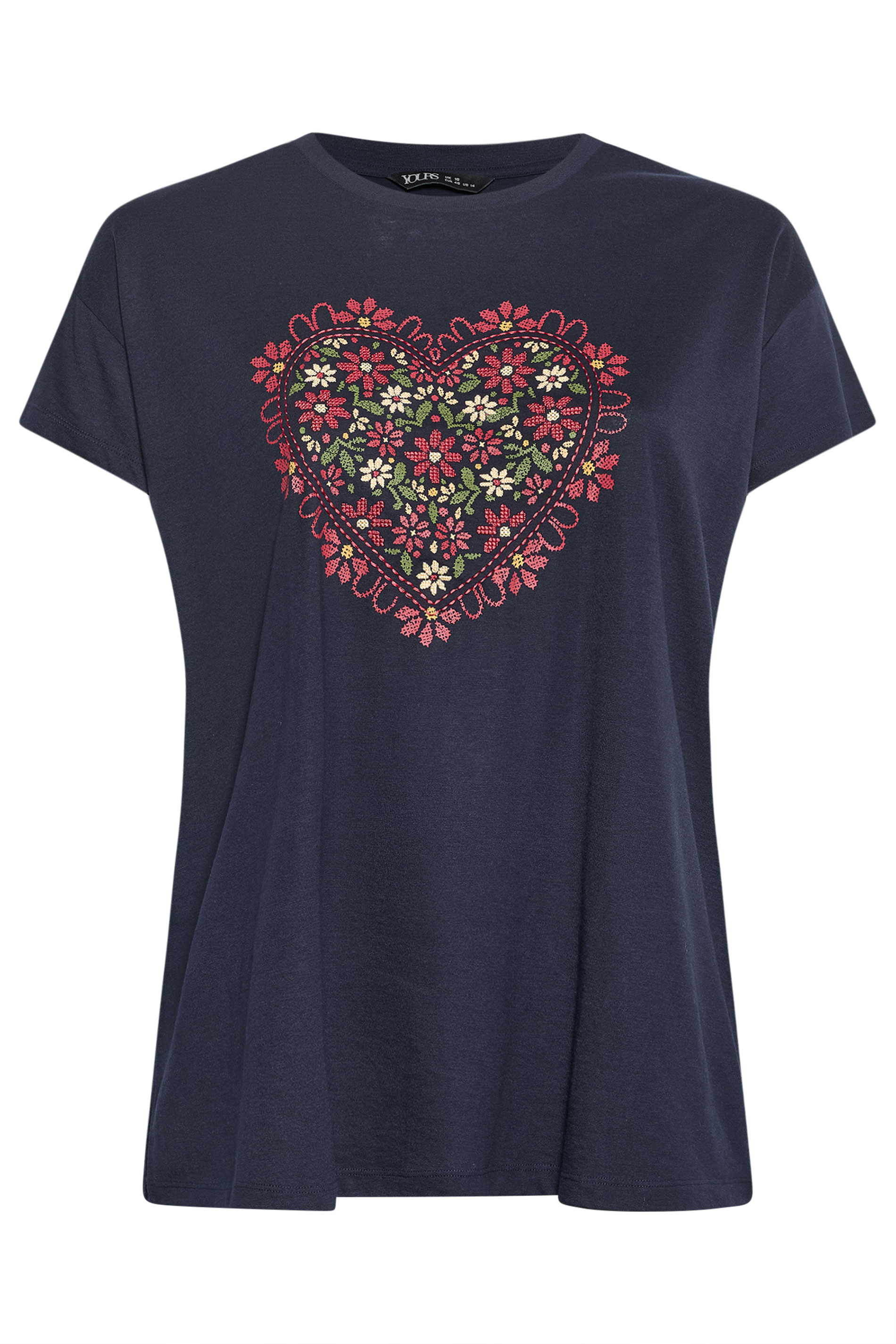 YOURS Plus Size Navy Blue Floral Heart Embroidered T-Shirt | Yours Clothing 5