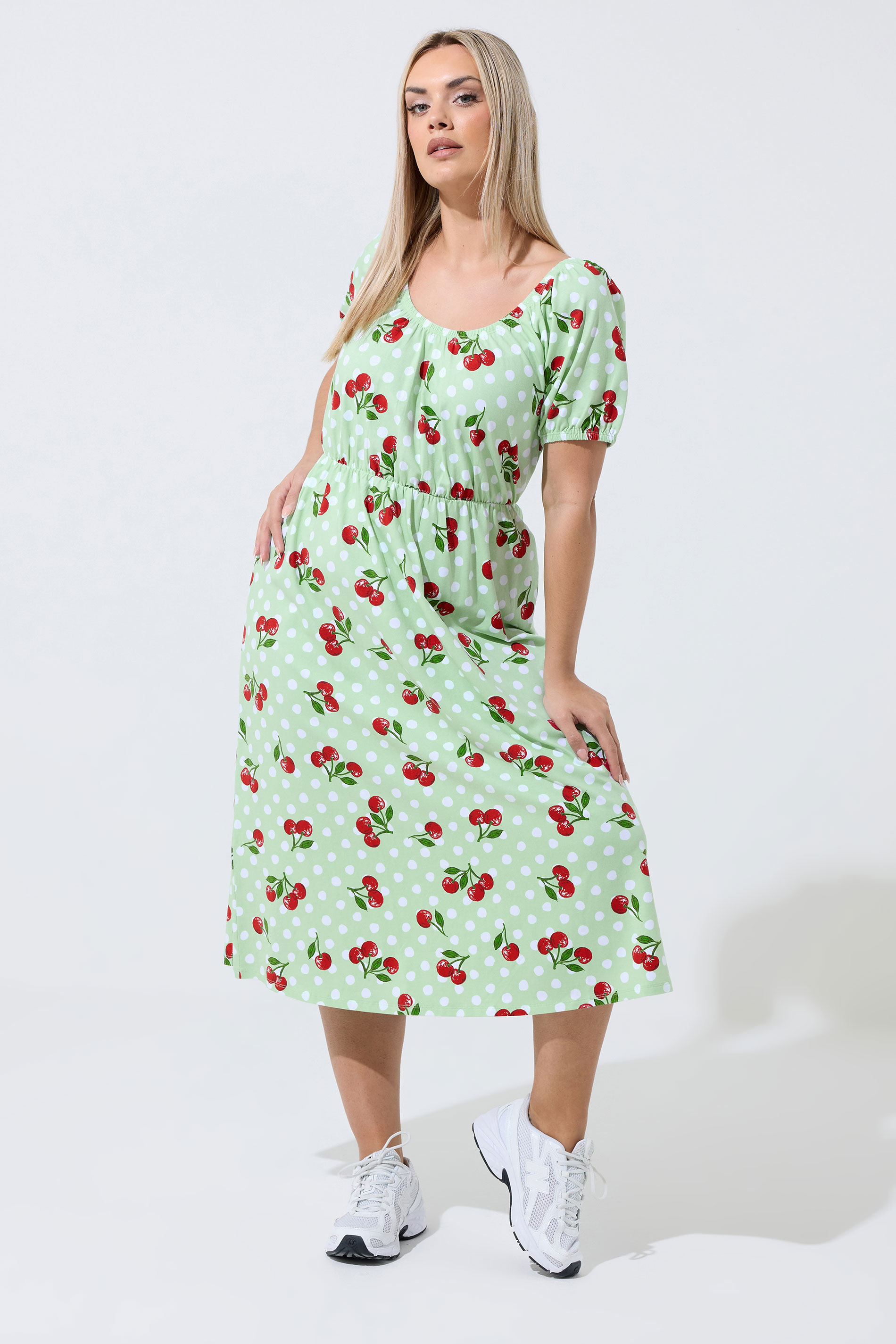 LIMITED COLLECTION Plus Size Green Cherry Gingham Bardot Dress | Yours Clothing 1