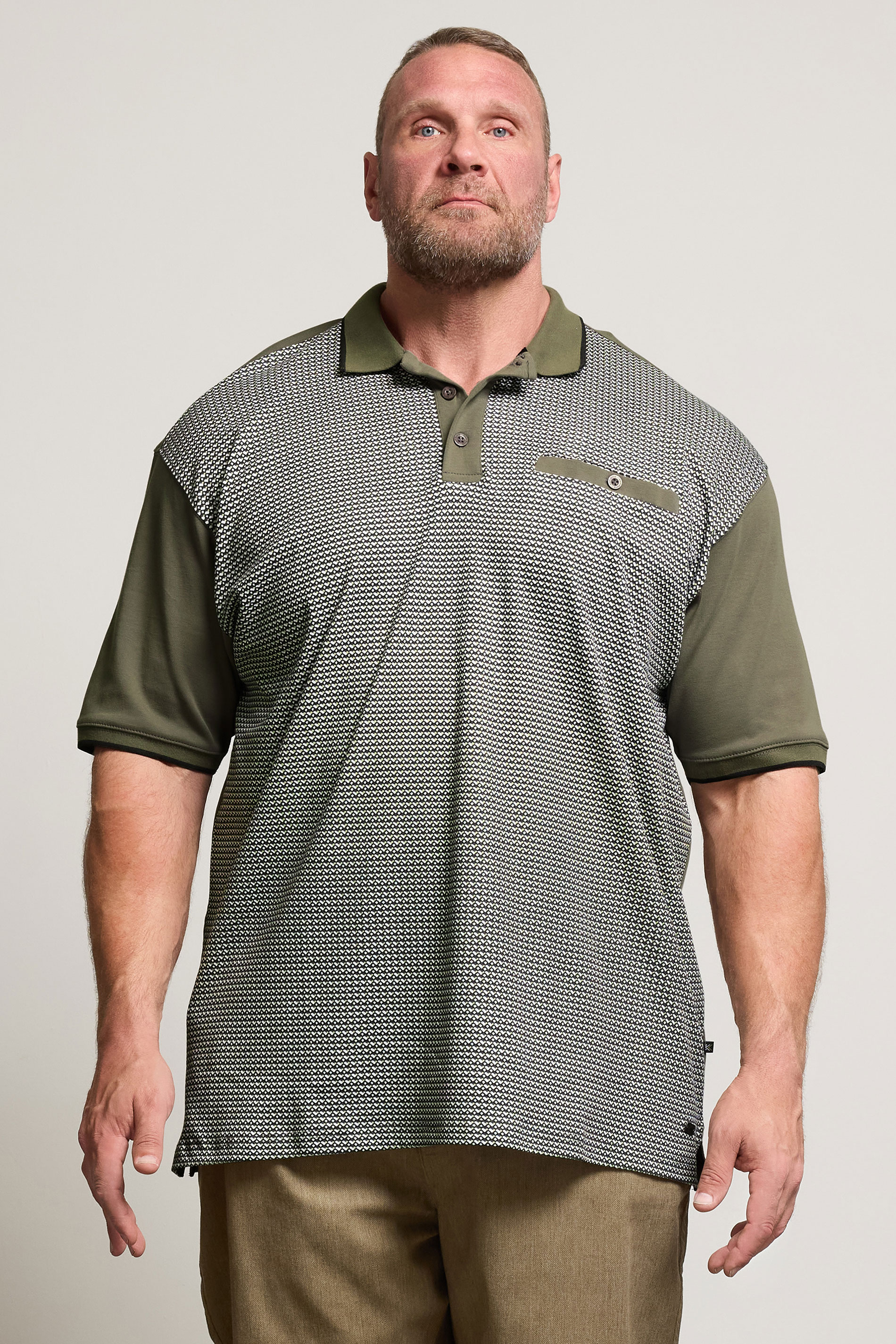 KAM Khaki Green Geometric Print Short Sleeve Polo Shirt | BadRhino 3
