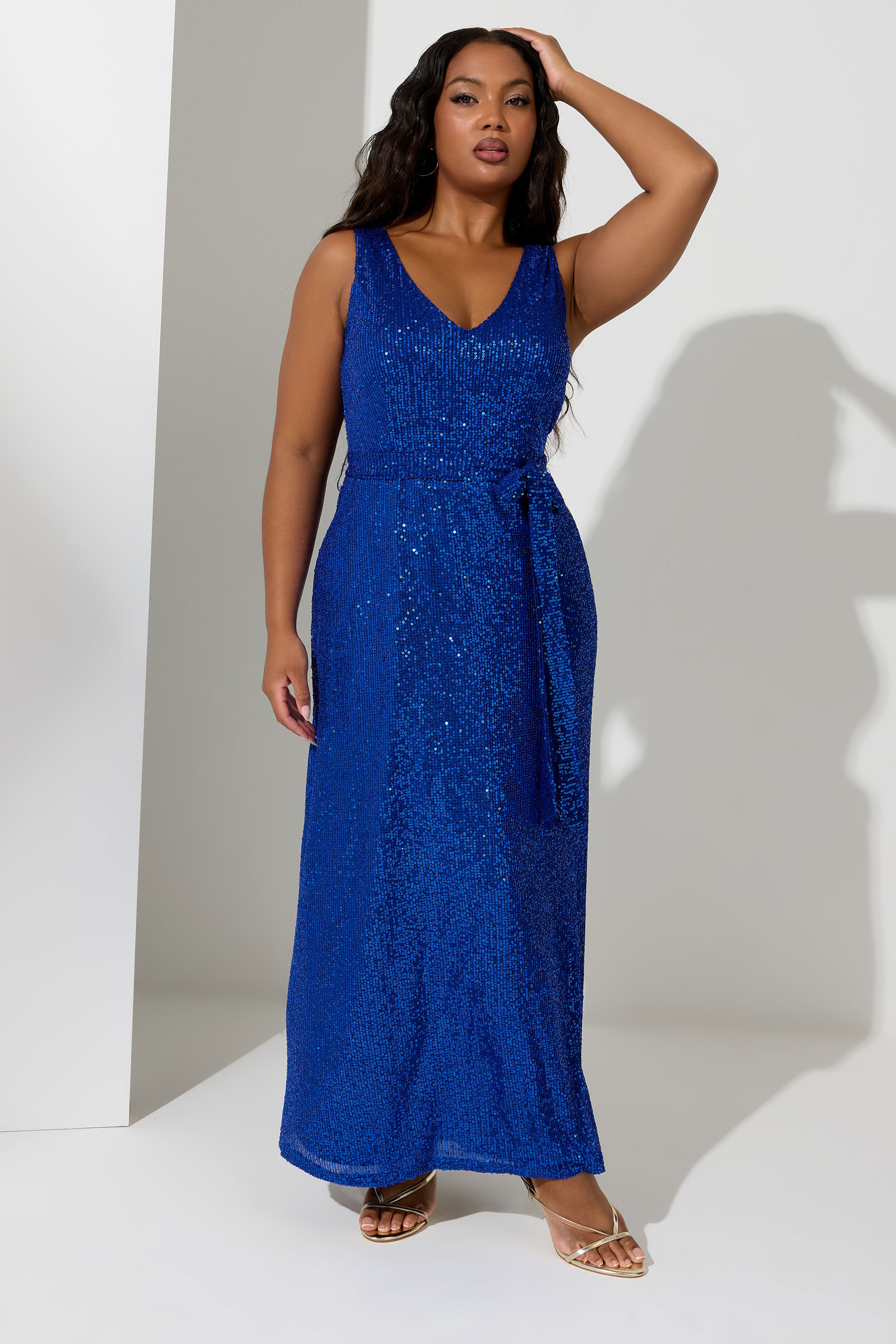 YOURS LONDON Plus Size Cobalt Blue Sequin V-Neck Maxi Dress | Yours Clothing 3