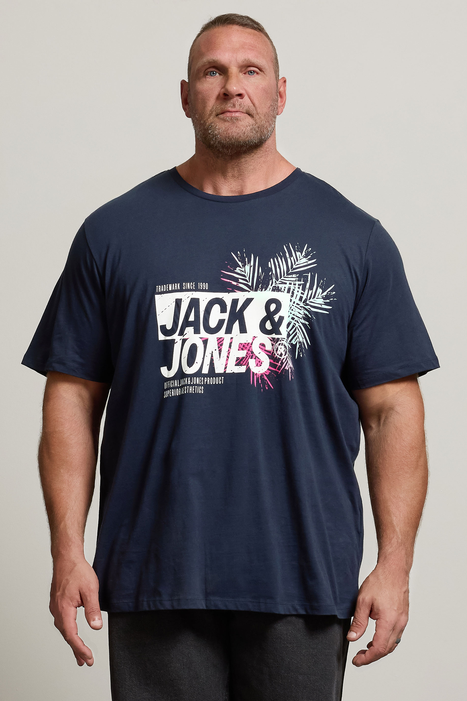 JACK & JONES Big & Tall Navy Blue Contrast Logo Print T-Shirt | BadRhino 3