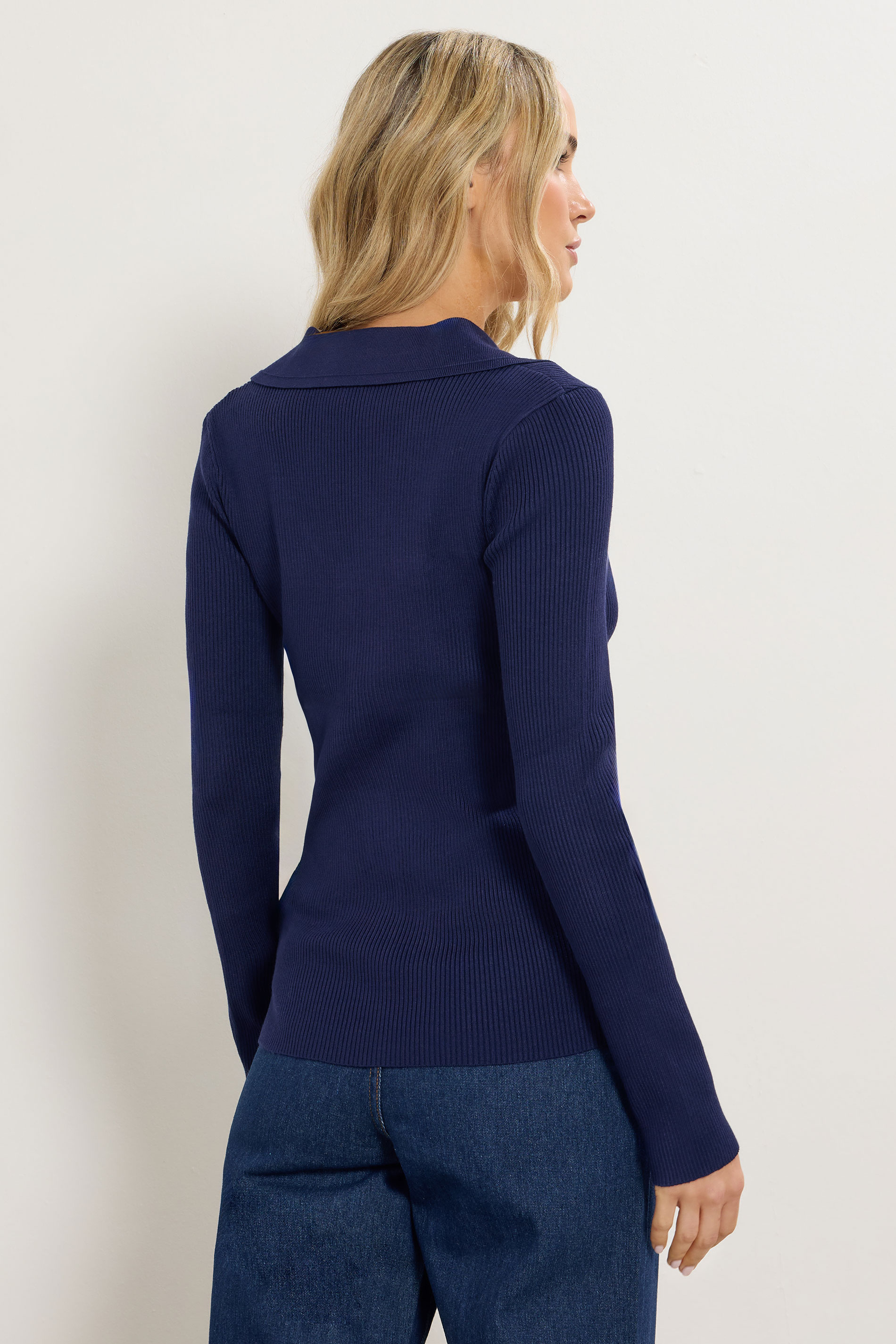 LTS Tall Navy Blue Ribbed Button Detail Top | Long Tall Sally 2
