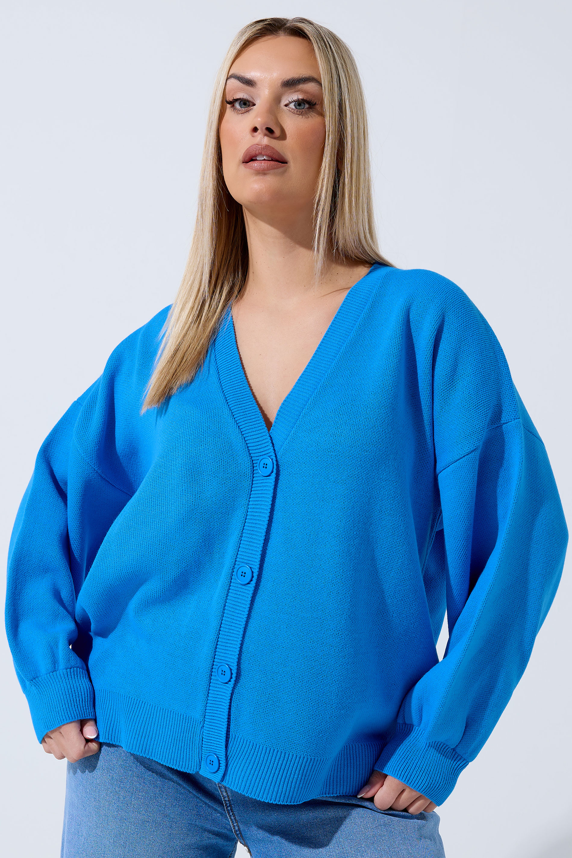LIMITED COLLECTION Plus Size Blue Balloon Sleeve Knitted Cardigan | Yours Clothing 1
