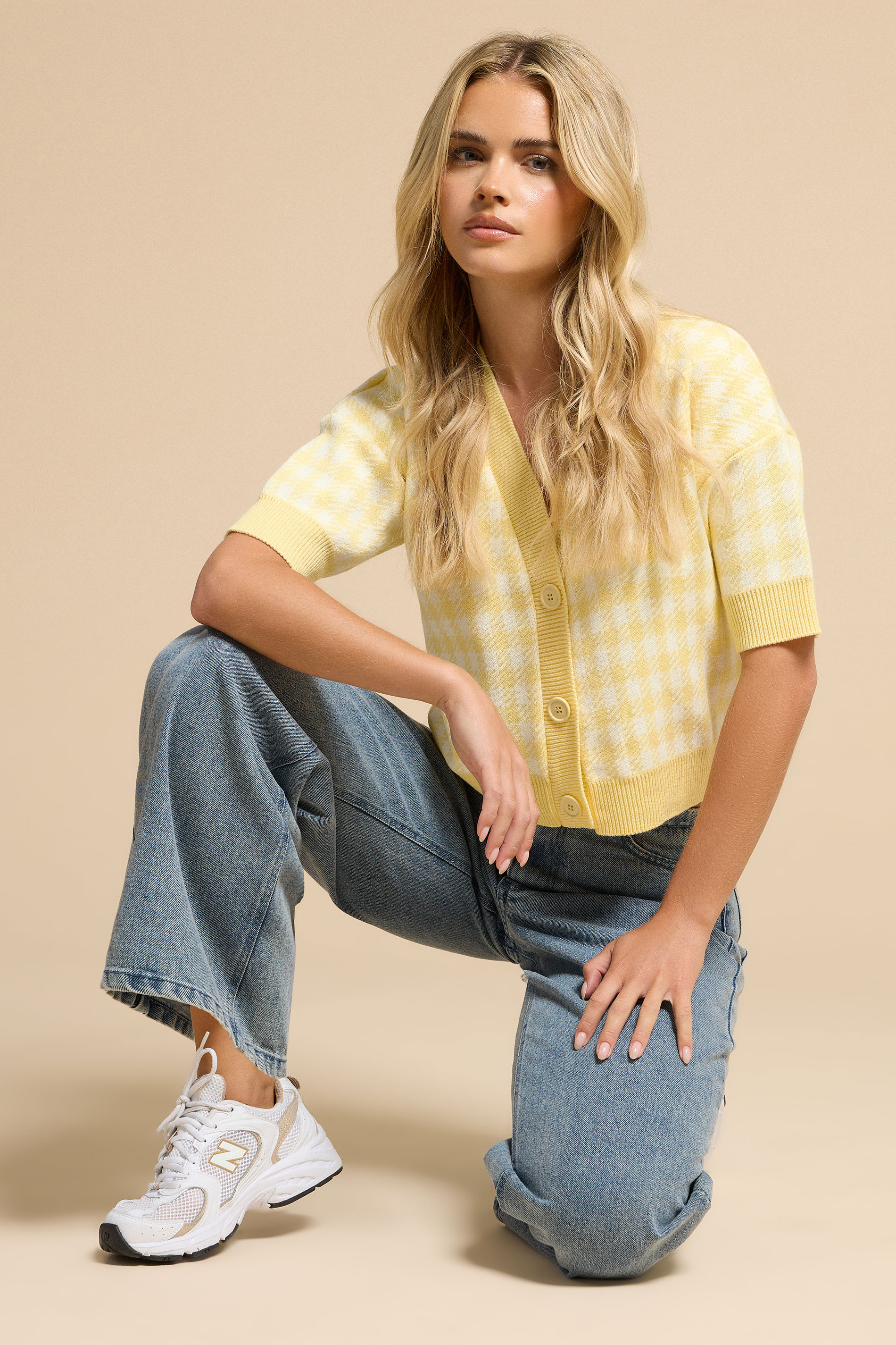 PixieGirl Petite Women's Yellow Knitted Gingham Cardigan | PixieGirl 3