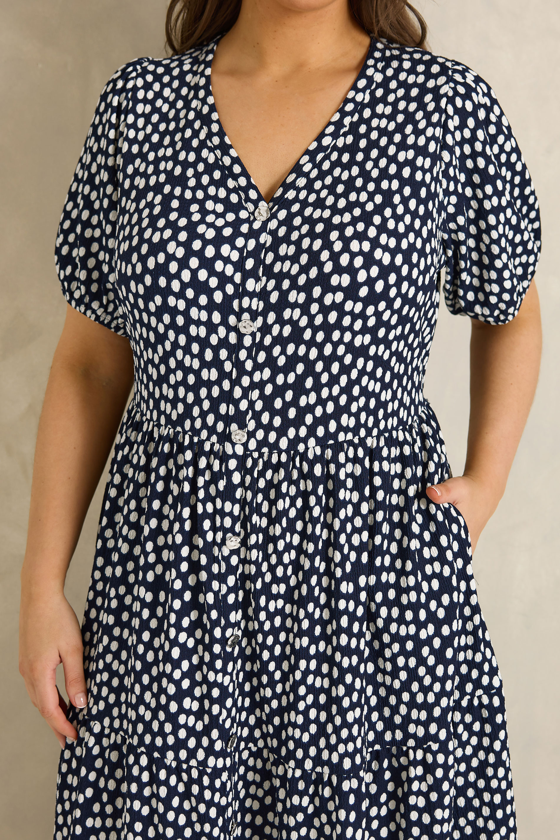 EVANS Plus Size Navy Blue Spot Print Tiered Maxi Dress | Evans 4