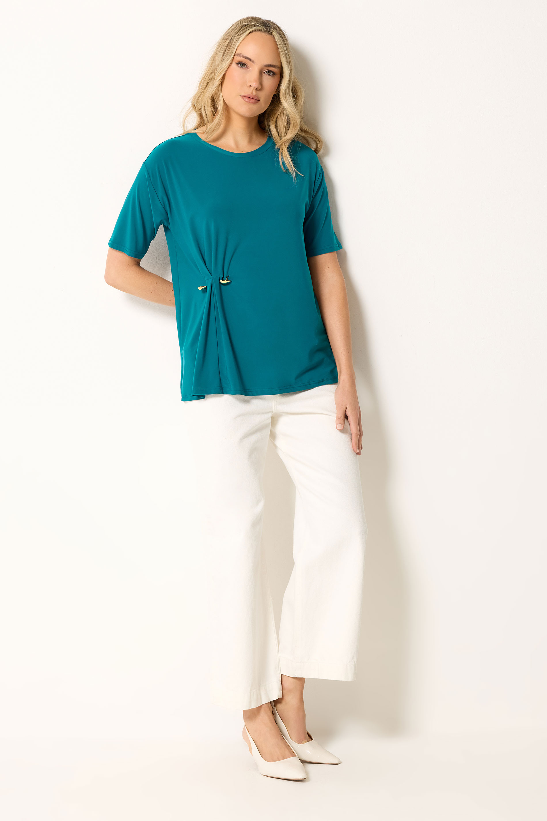 LTS Tall Women's Teal Blue Metal Detail Oversized T-Shirt | Long Tall Sally 1