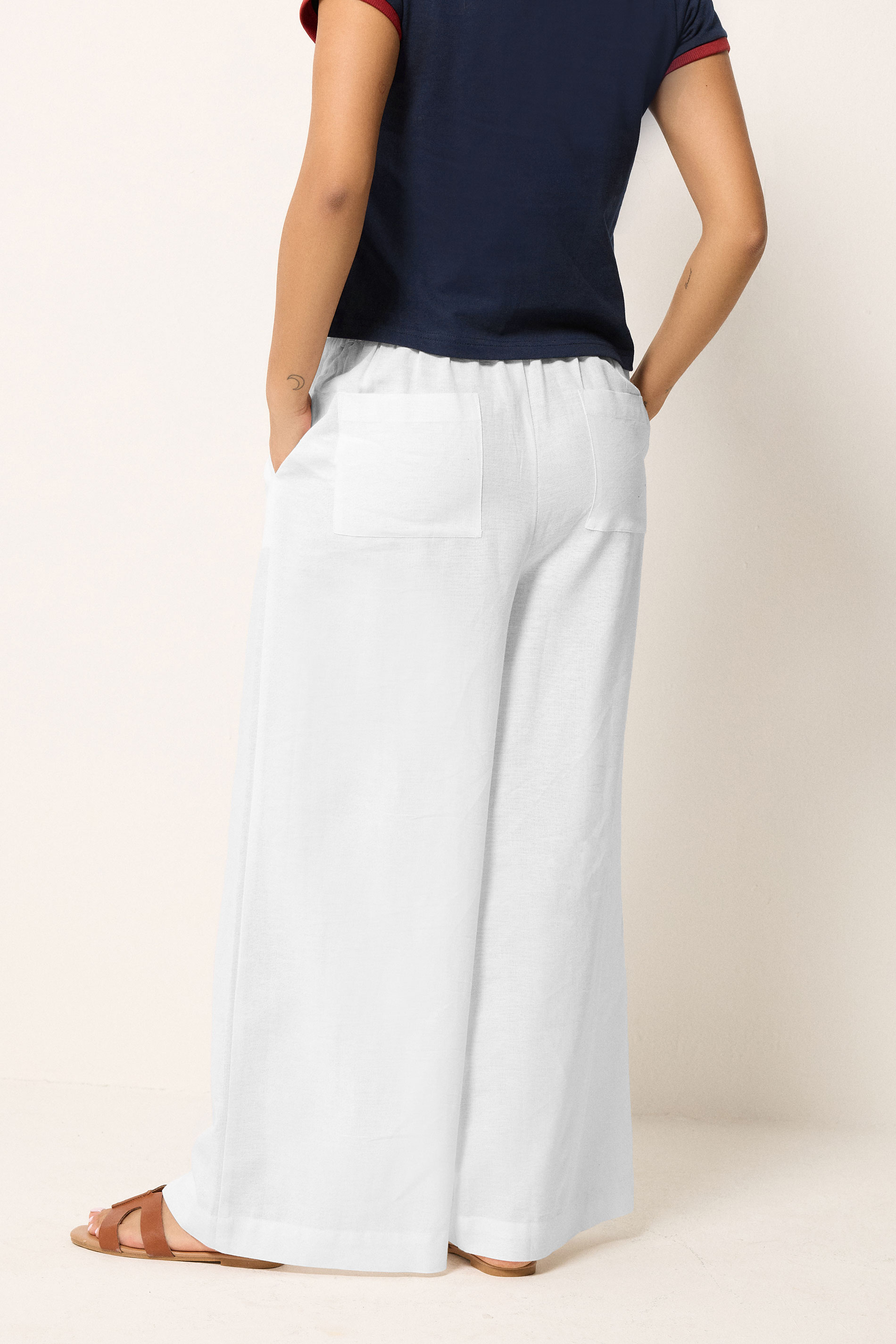 PixieGirl Petite Women's White Button Linen Wide Leg Trousers | PixieGirl 2