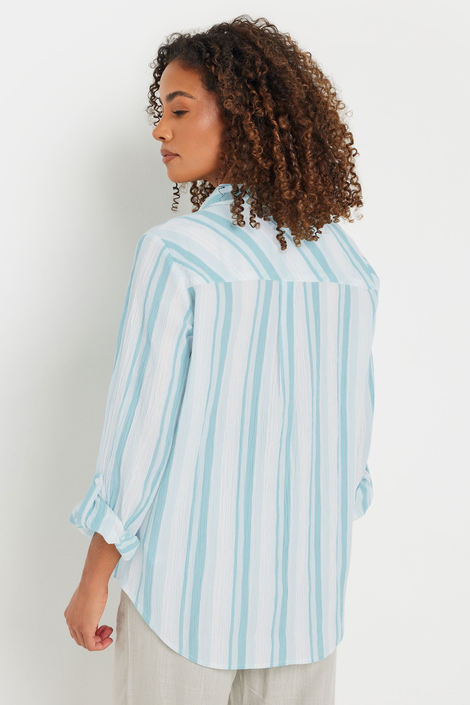 M&Co Blue Stripe Crepe Tab Sleeve Cotton Shirt | M&Co 2