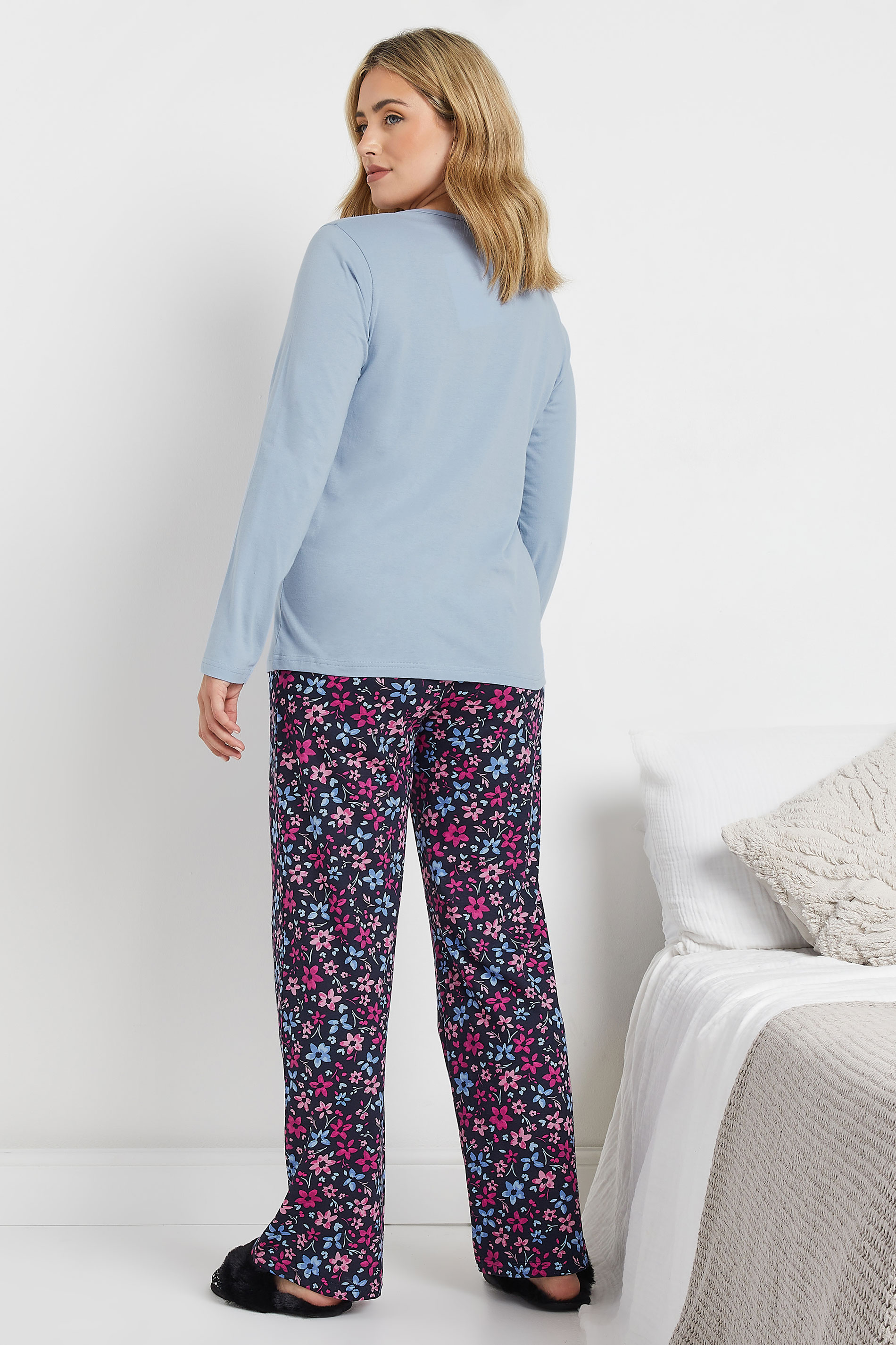 M&Co Blue & Purple Cotton Floral Wide Leg Pyjama Set | M&Co 2