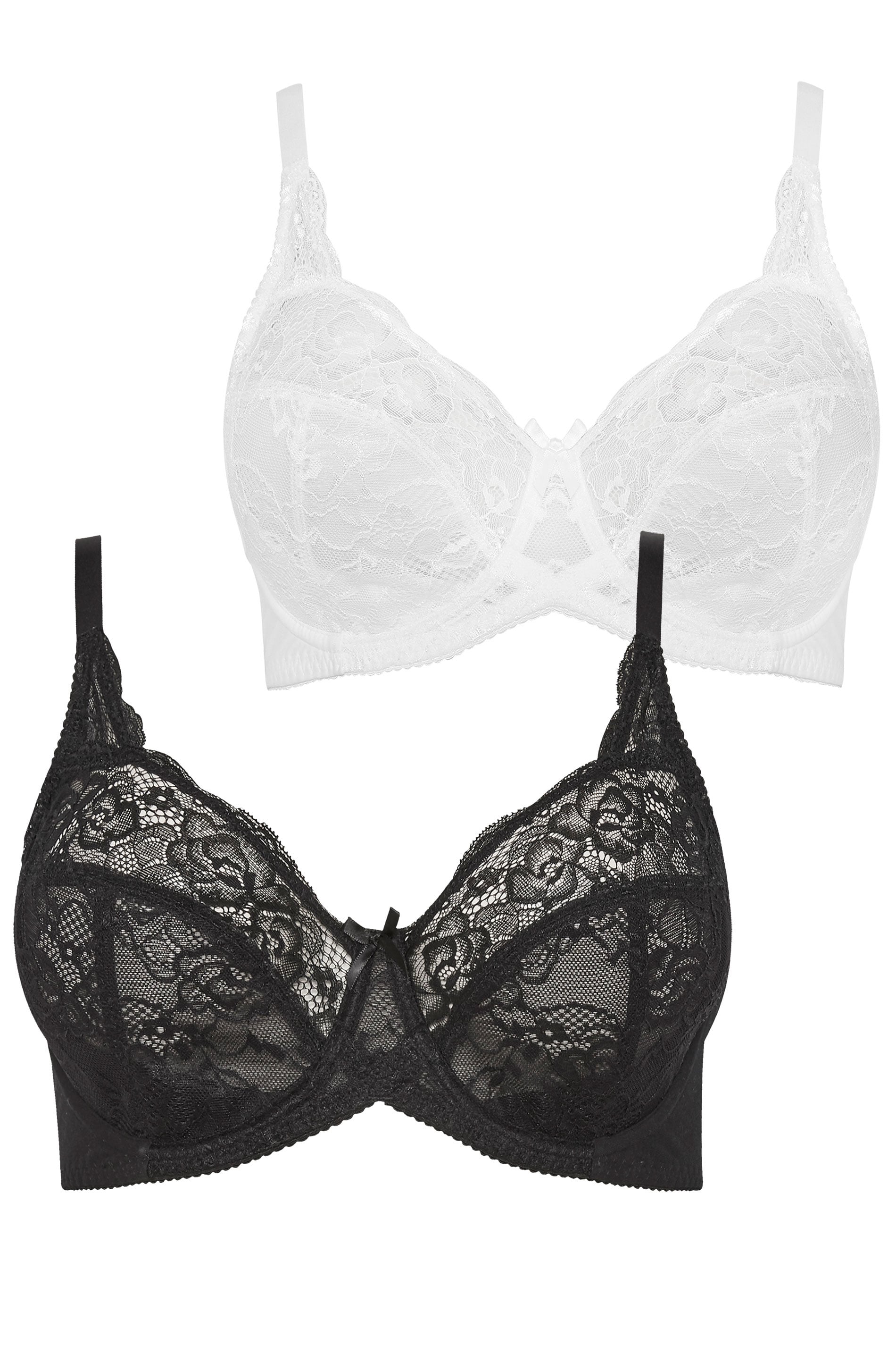 Plus Size 2 PACK Black & White Stretch Lace Non-Padded Underwired Balcony Bras | Yours Clothing 3