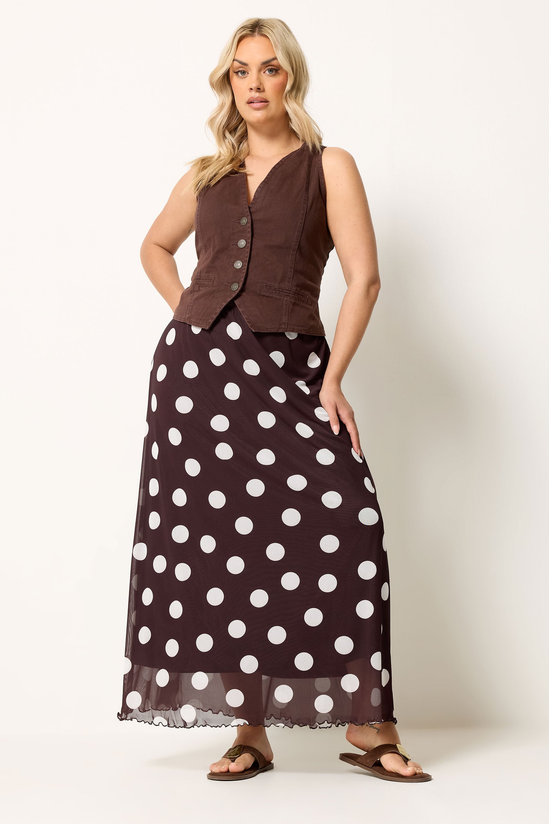 YOURS Plus Size Chocolate Brown Polka Dot Mesh Skirt | Yours Clothing 3