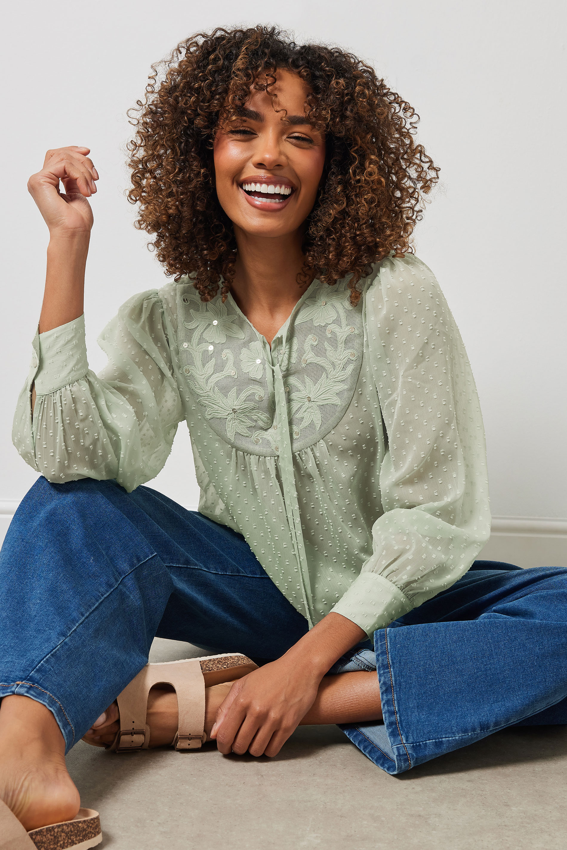 M&Co Sage Green Embroidered Dobby Tie Neck Blouse | M&Co 1