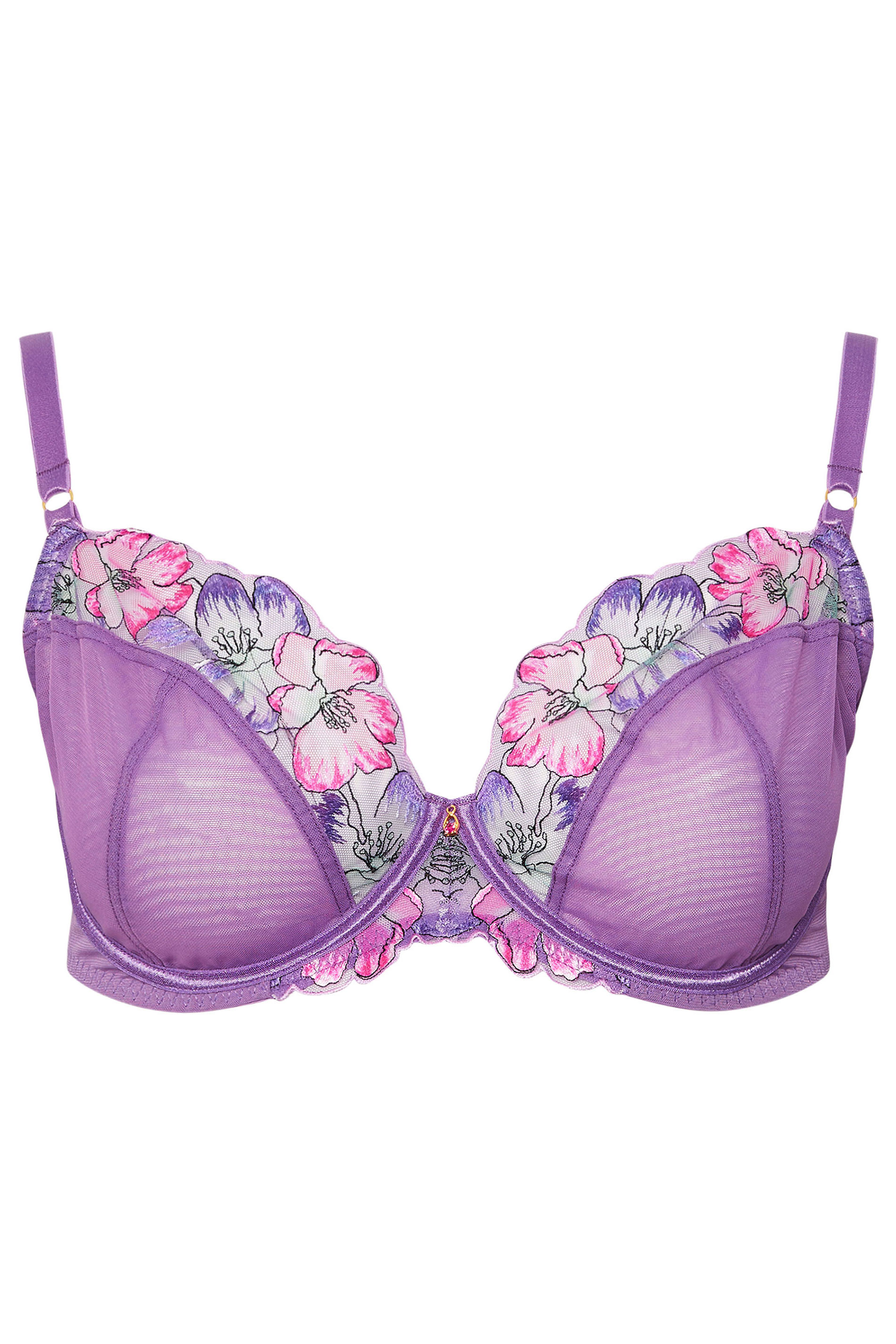 YOURS Plus Size Purple Floral Embroidered Underwired Bra | Yours Clothing 3