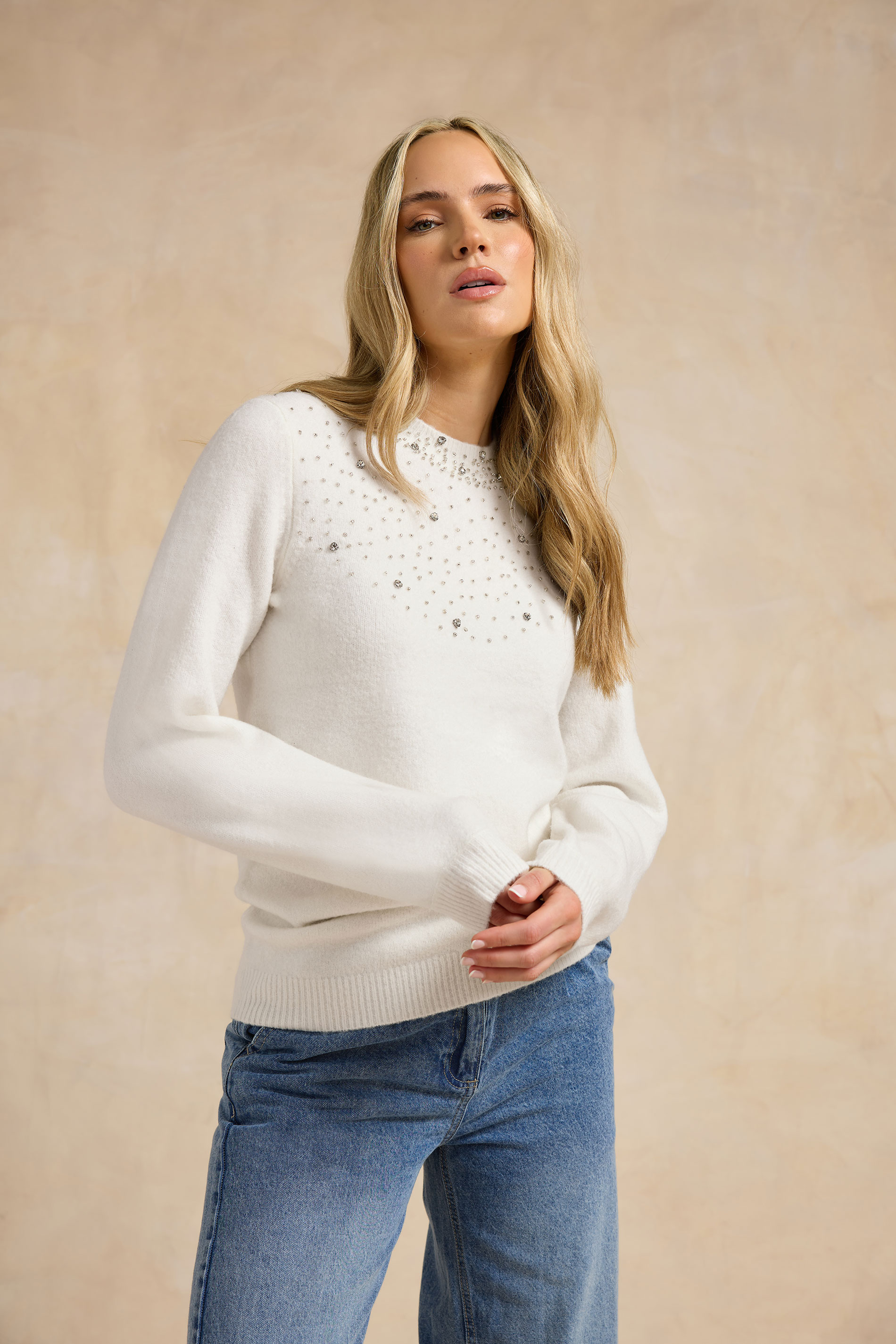 LTS Tall White Embellished Neck Jumper | Long Tall Sally 3