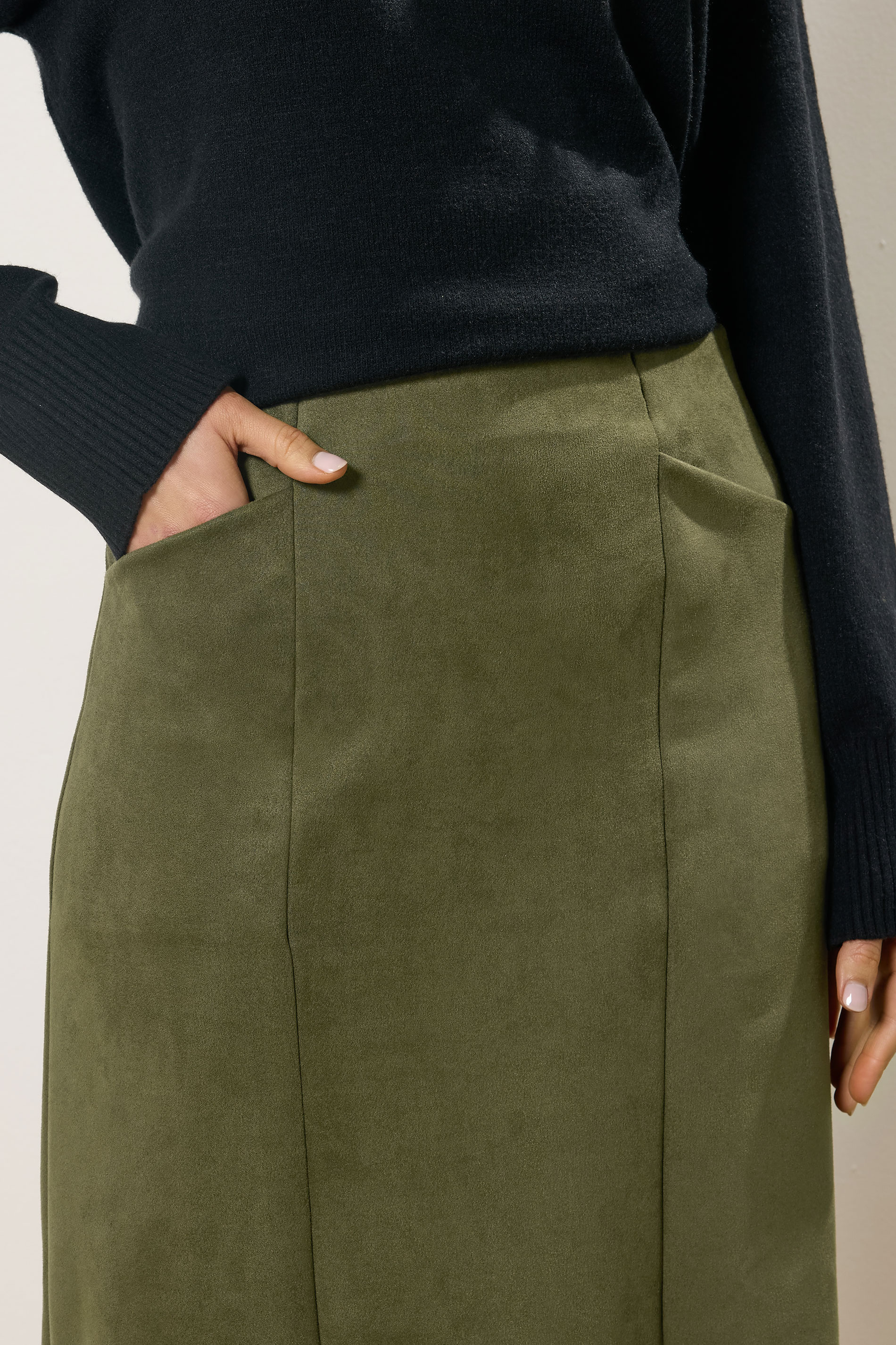 LTS Tall Women's Khaki Green Faux Suede Midi Skirt | Long Tall Sally 4