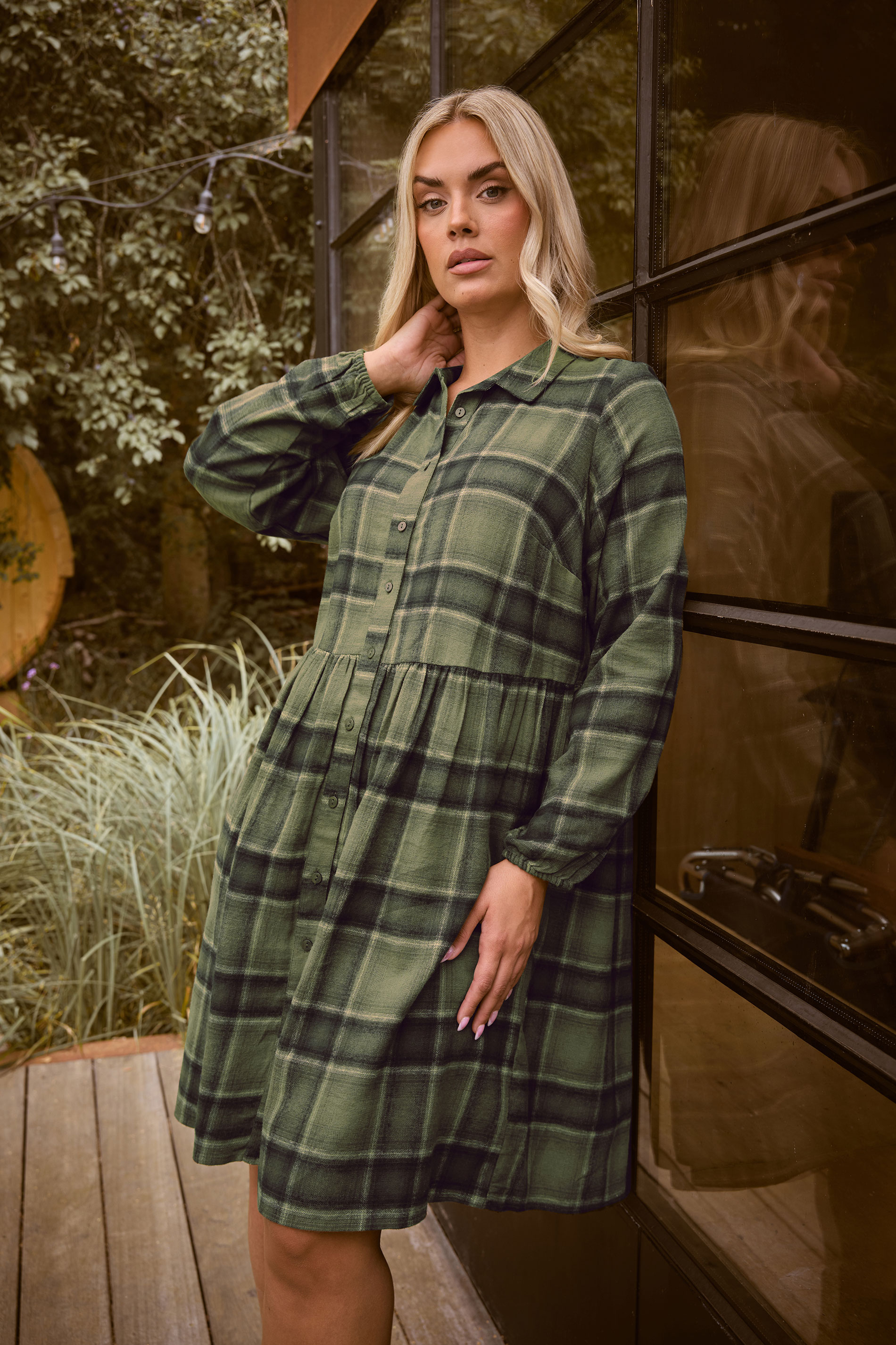 YOURS Plus Size Khaki Green Check Shirt Dress | Yours Clothing 3