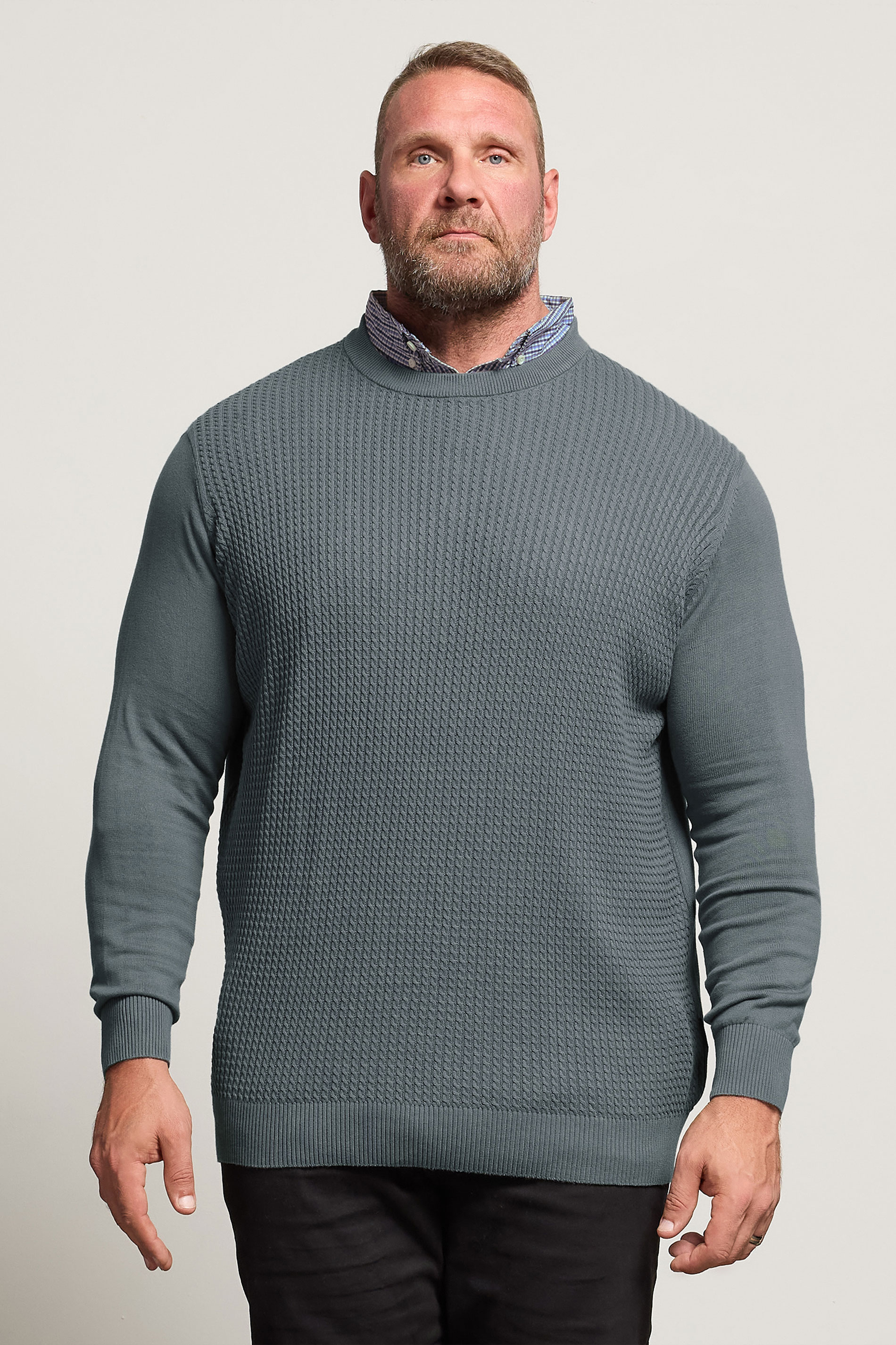 BadRhino Big & Tall Storm Blue Cable Knit Mock Shirt Jumper | BadRhino 3