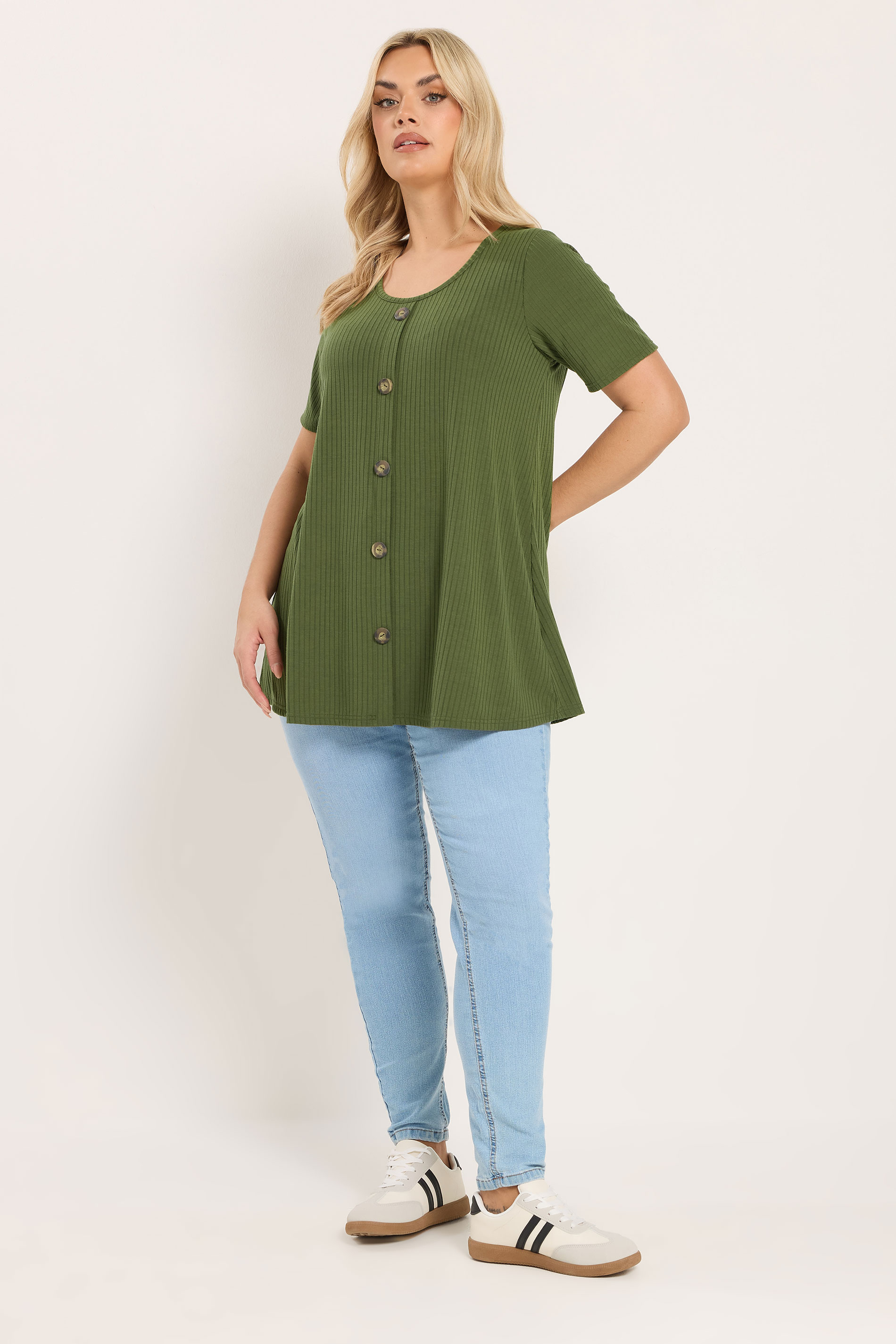 YOURS Plus Size Khaki Green Button Front Ribbed Swing Top | Yours Clothing 1
