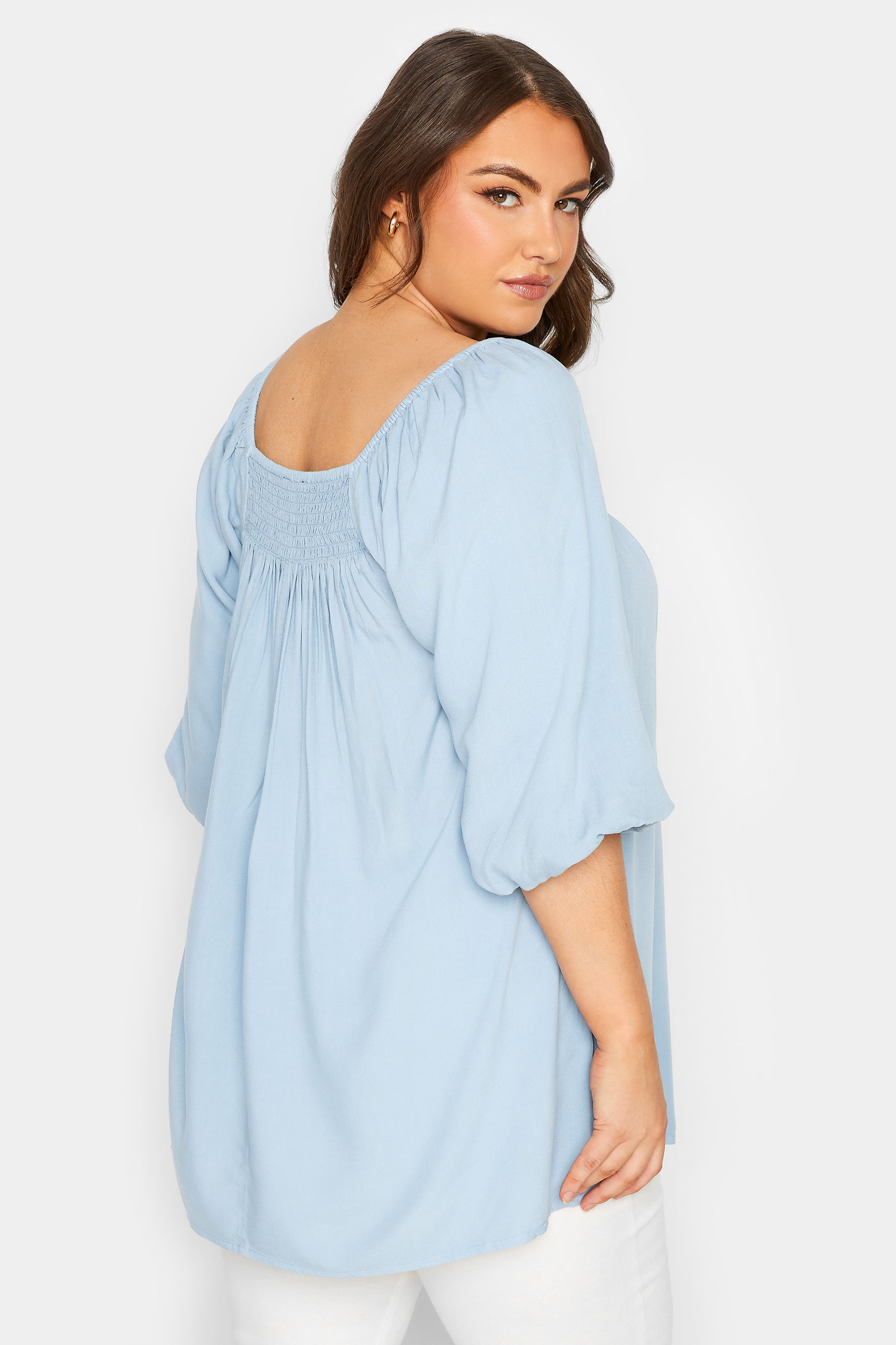 YOURS Plus Size Blue Shirred Neck Top | Yours Clothing 3