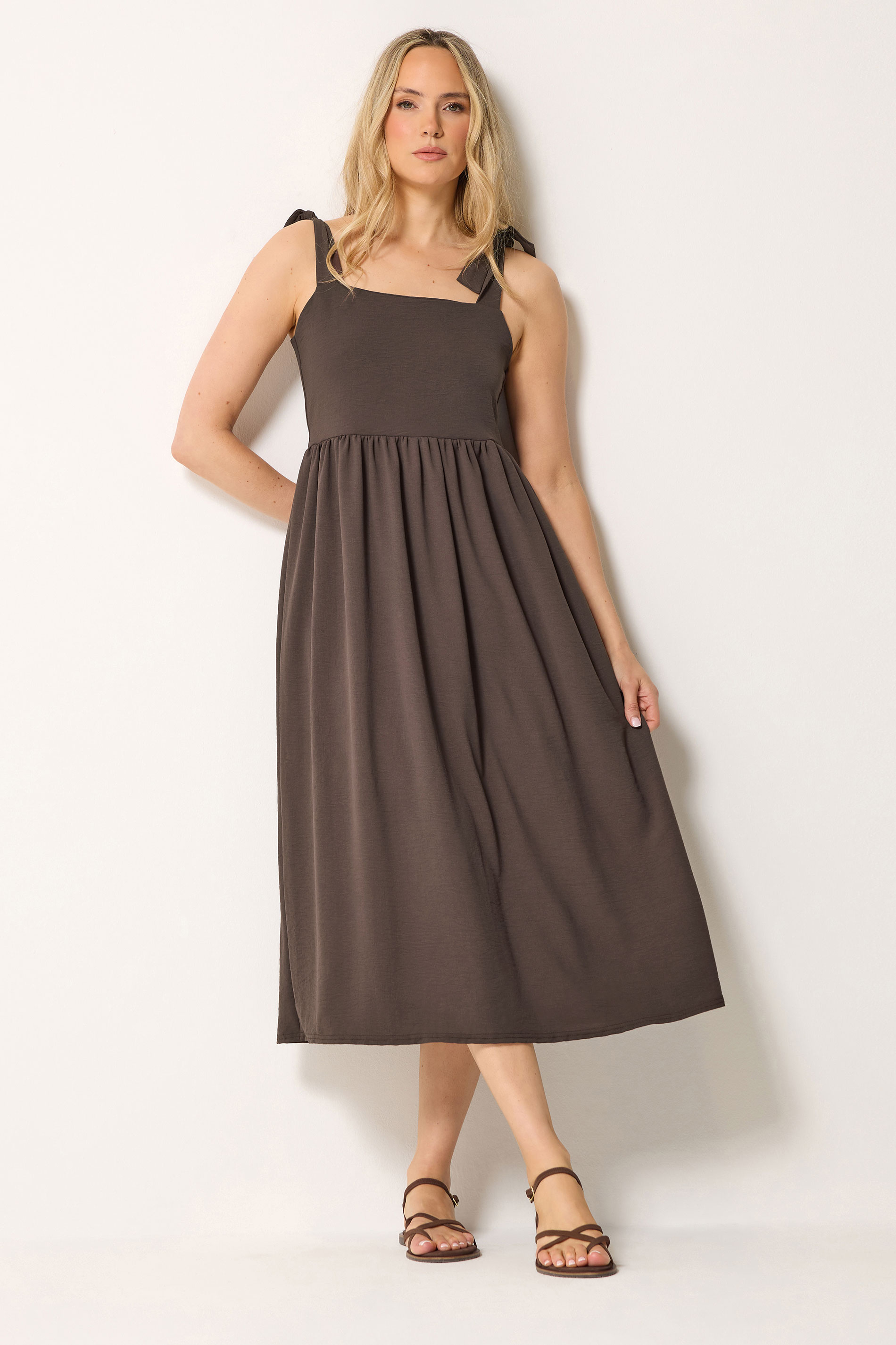 LTS Tall Women's Chocolate Brown Tie Detail Midi Sundress | Long Tall Sally 3