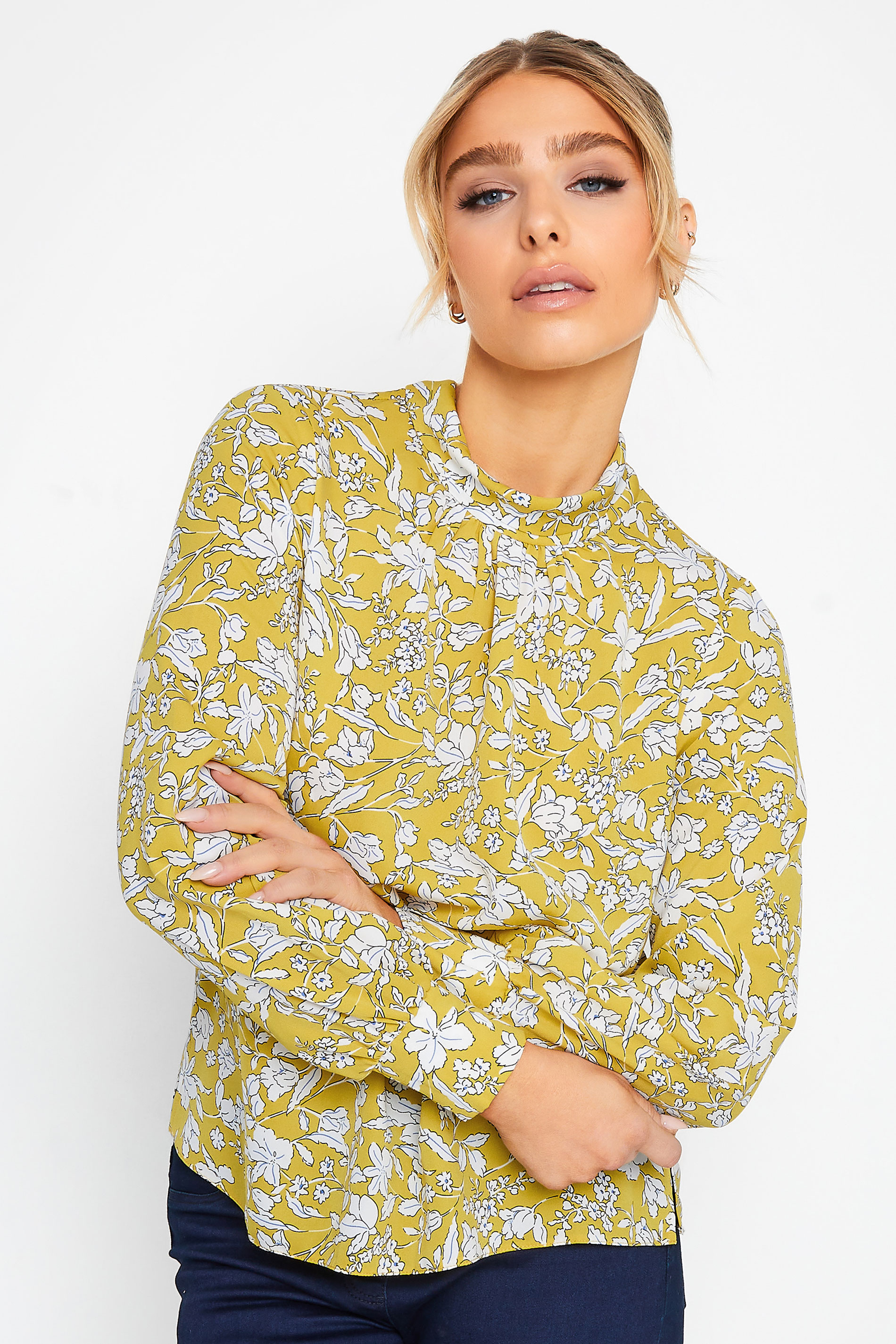 M&Co Yellow Floral Print High Neck Blouse | M&Co 1