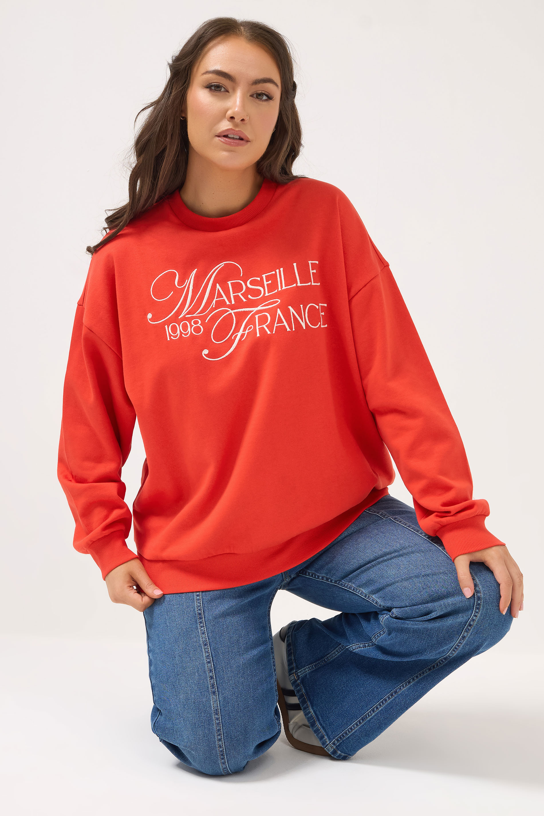YOURS Plus Size Red Embroidered 'Marseille France' Sweatshirt | Yours Clothing 3