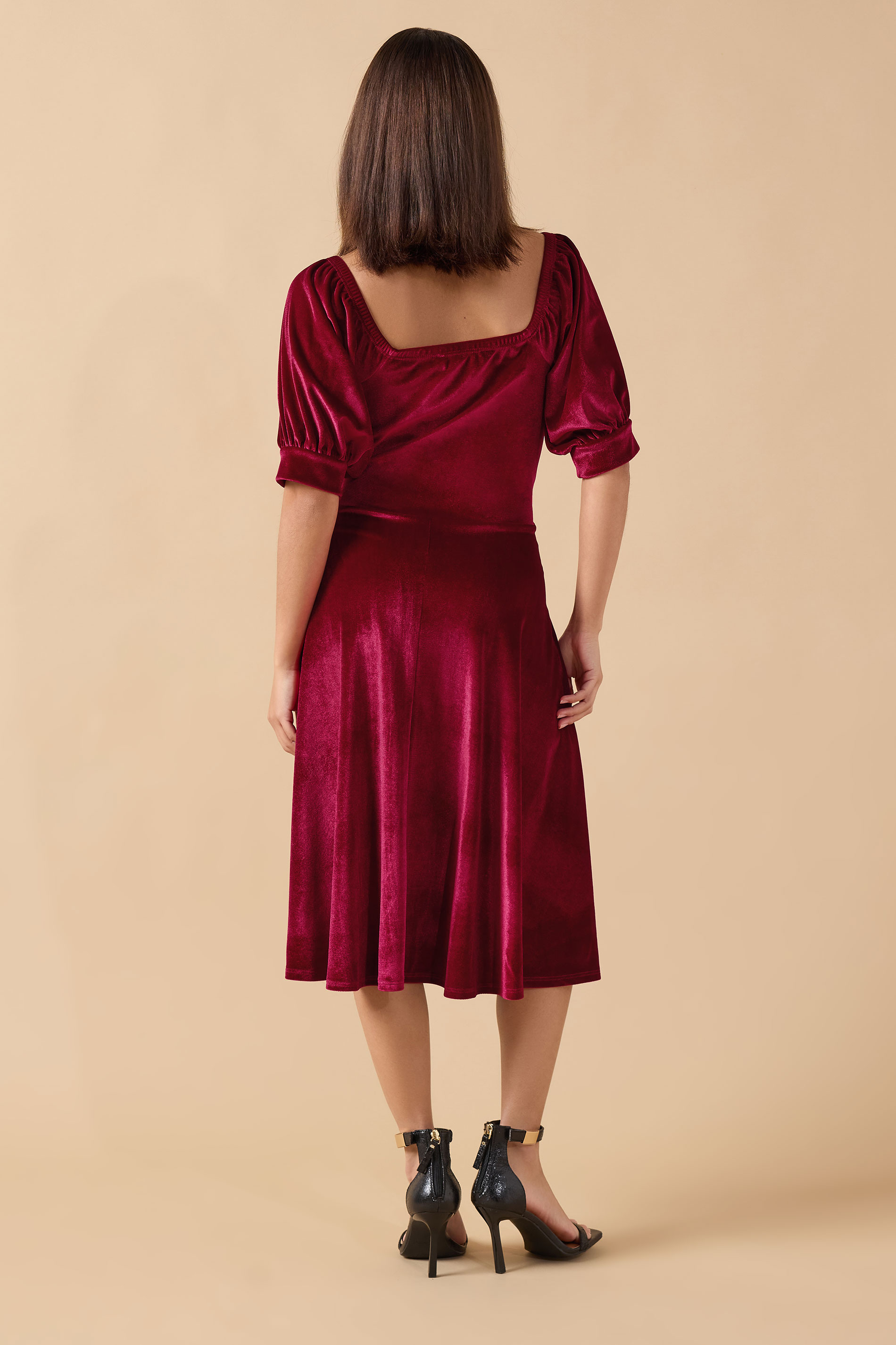 PixieGirl Petite Women's Burgundy Red Square Neck Velvet Dress | PixieGirl 2