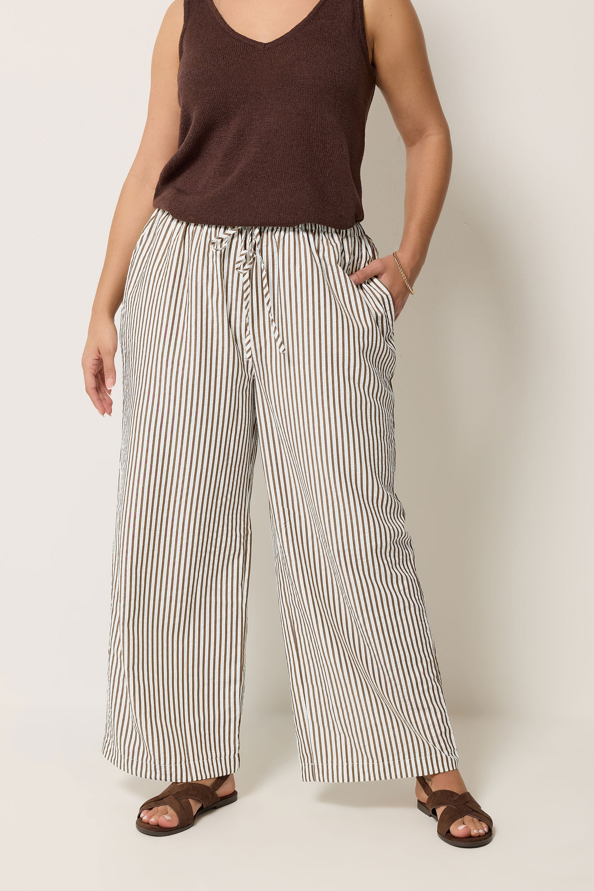 YOURS Plus Size Chocolate Brown Stripe Trousers | Yours Clothing 1