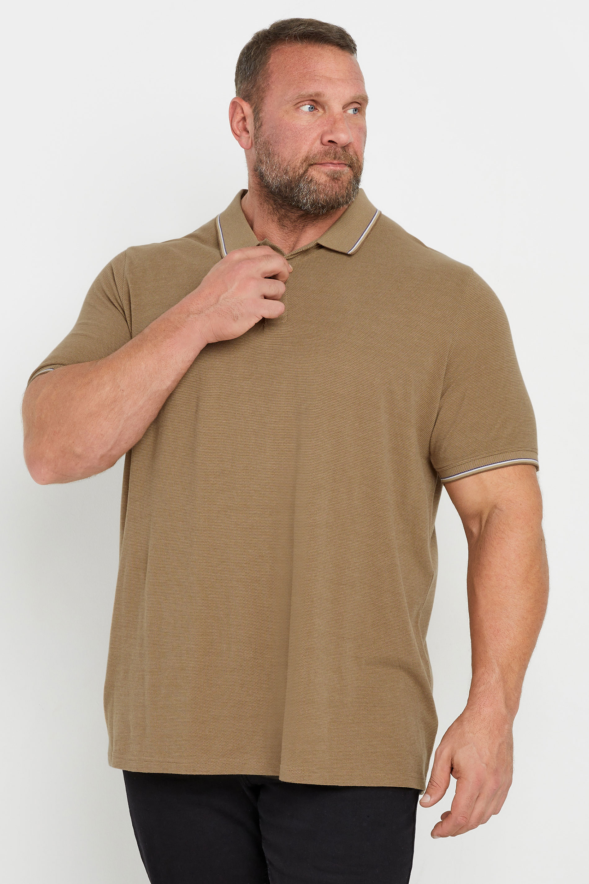 BadRhino Big & Tall Tan Brown Textured Tipped Polo Shirt | BadRhino 1