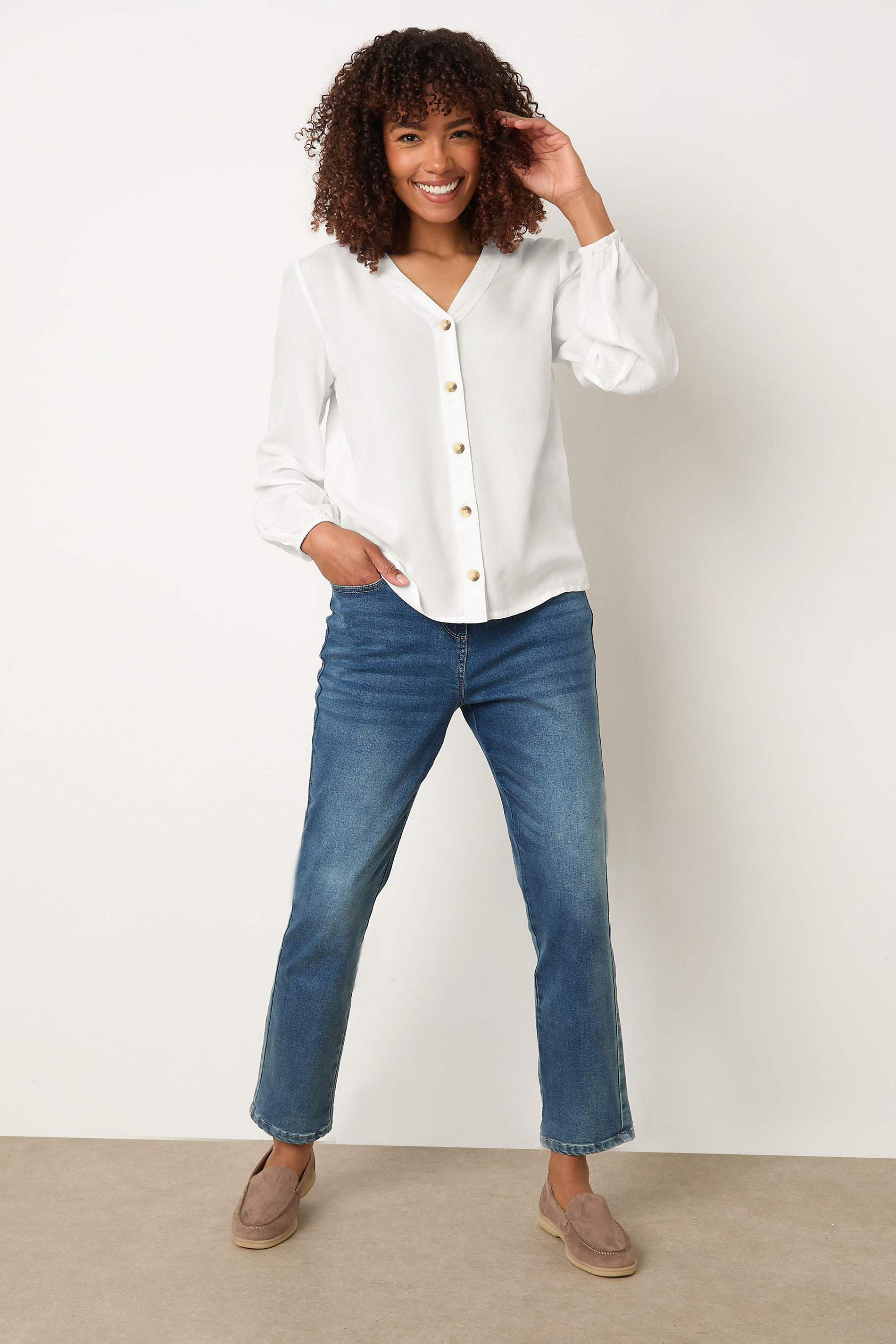 M&Co White Button Front Long Sleeve Blouse | M&Co 2
