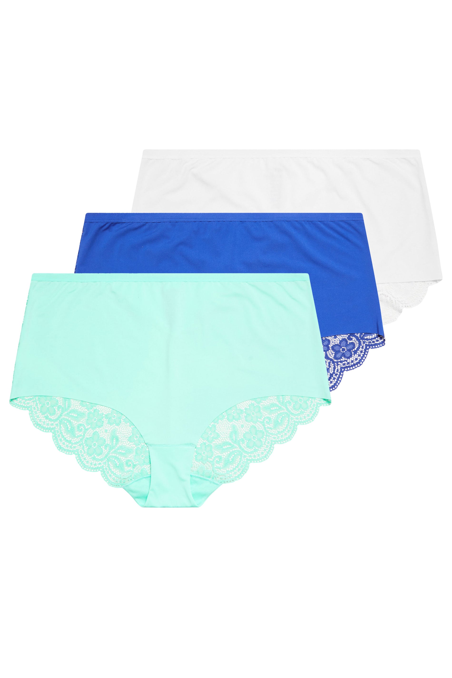 YOURSET 3 PACK Curve Plus Size Blue & White Lace Back High Waisted Knickers | Yours Clothing 3