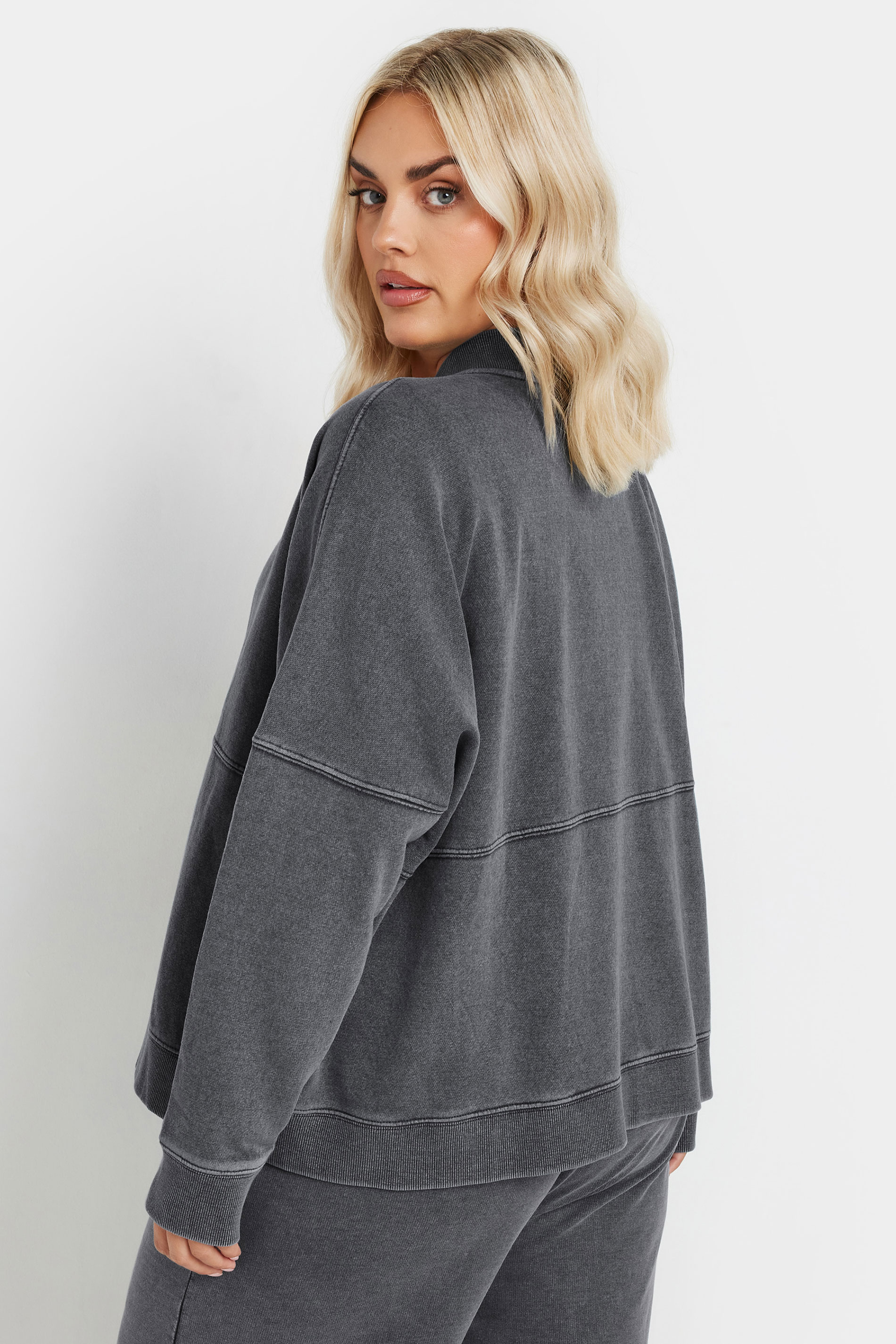 YOURS Plus Size Grey Acid Wash Oversized Sweat Bomber Jacket | Yours Clothing 2