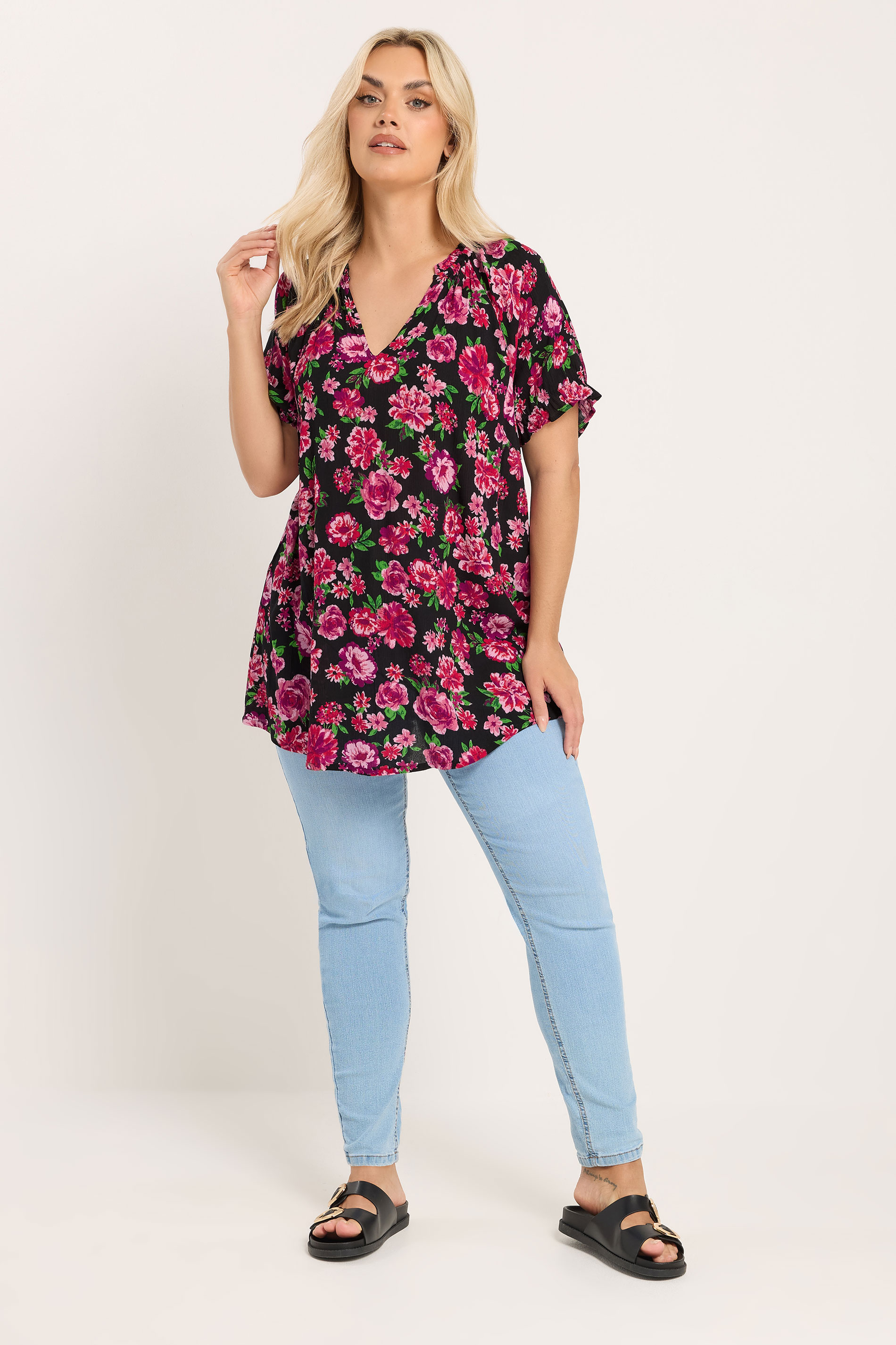 YOURS Plus Size Black & Pink Floral Notch Neck Blouse | Yours Clothng 1
