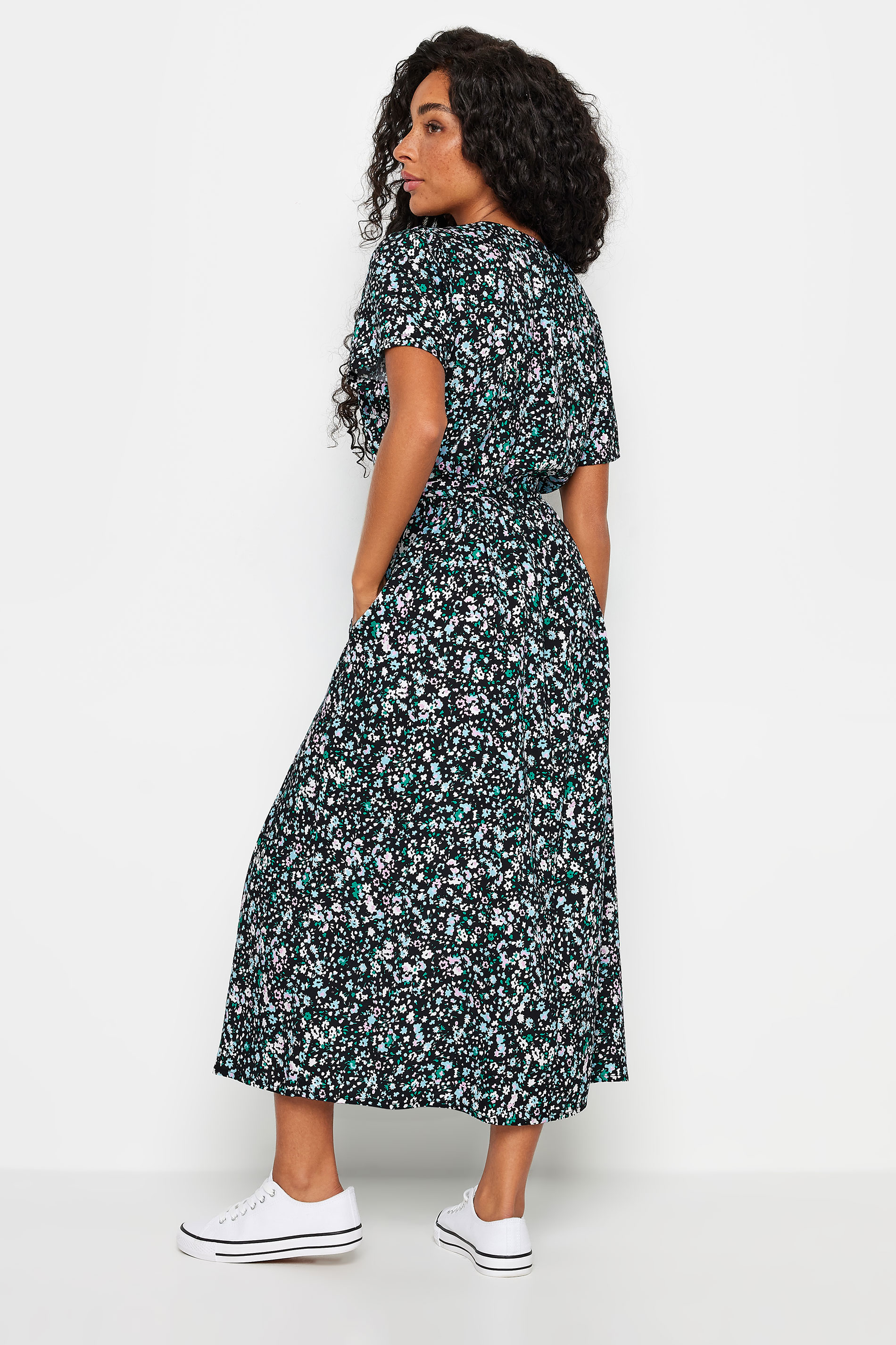 M&Co Petite Black Ditsy Floral Print Button Down Dress | M&Co 3