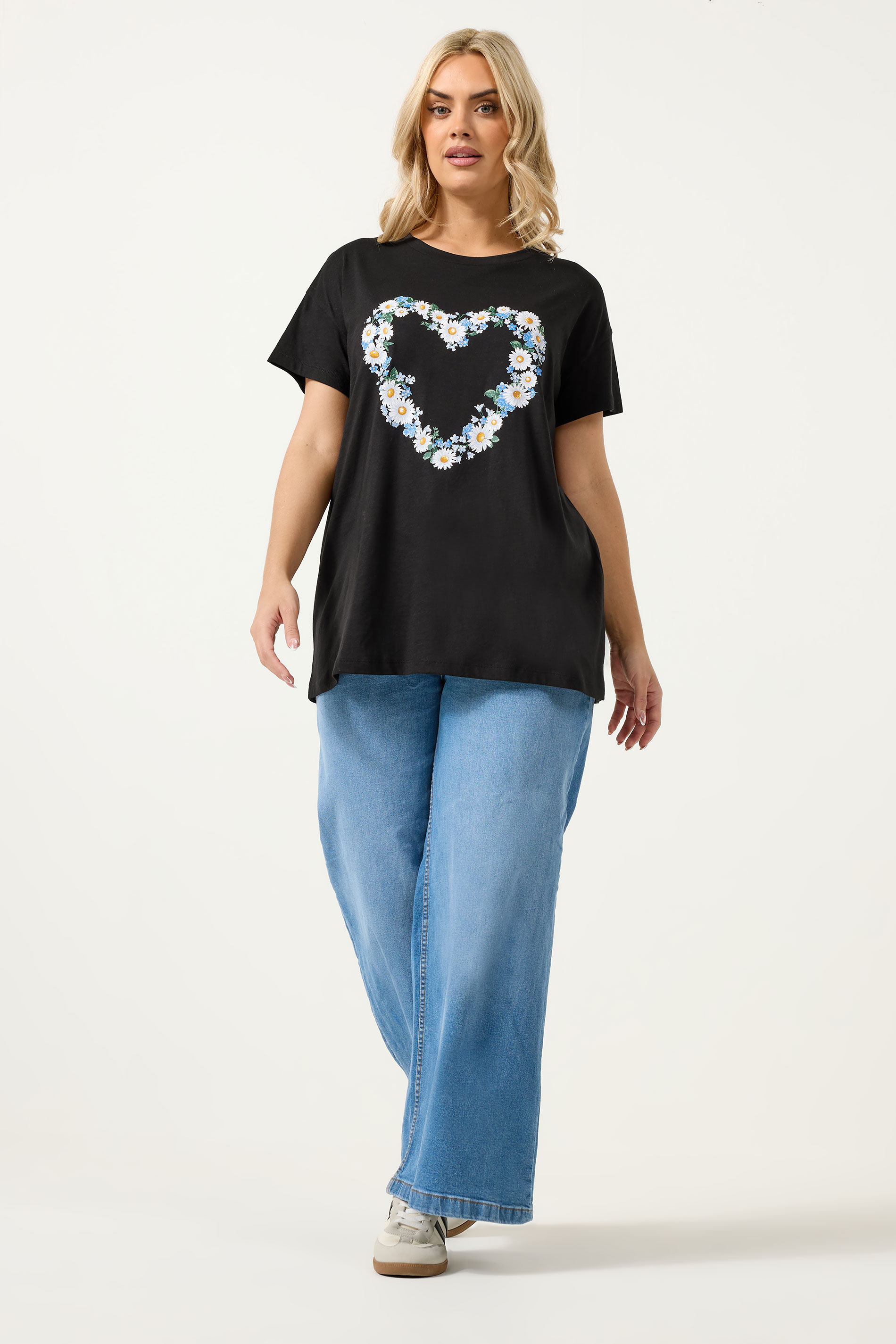 YOURS Plus Size Black Daisy Heart T-Shirt | Yours Clothing 1