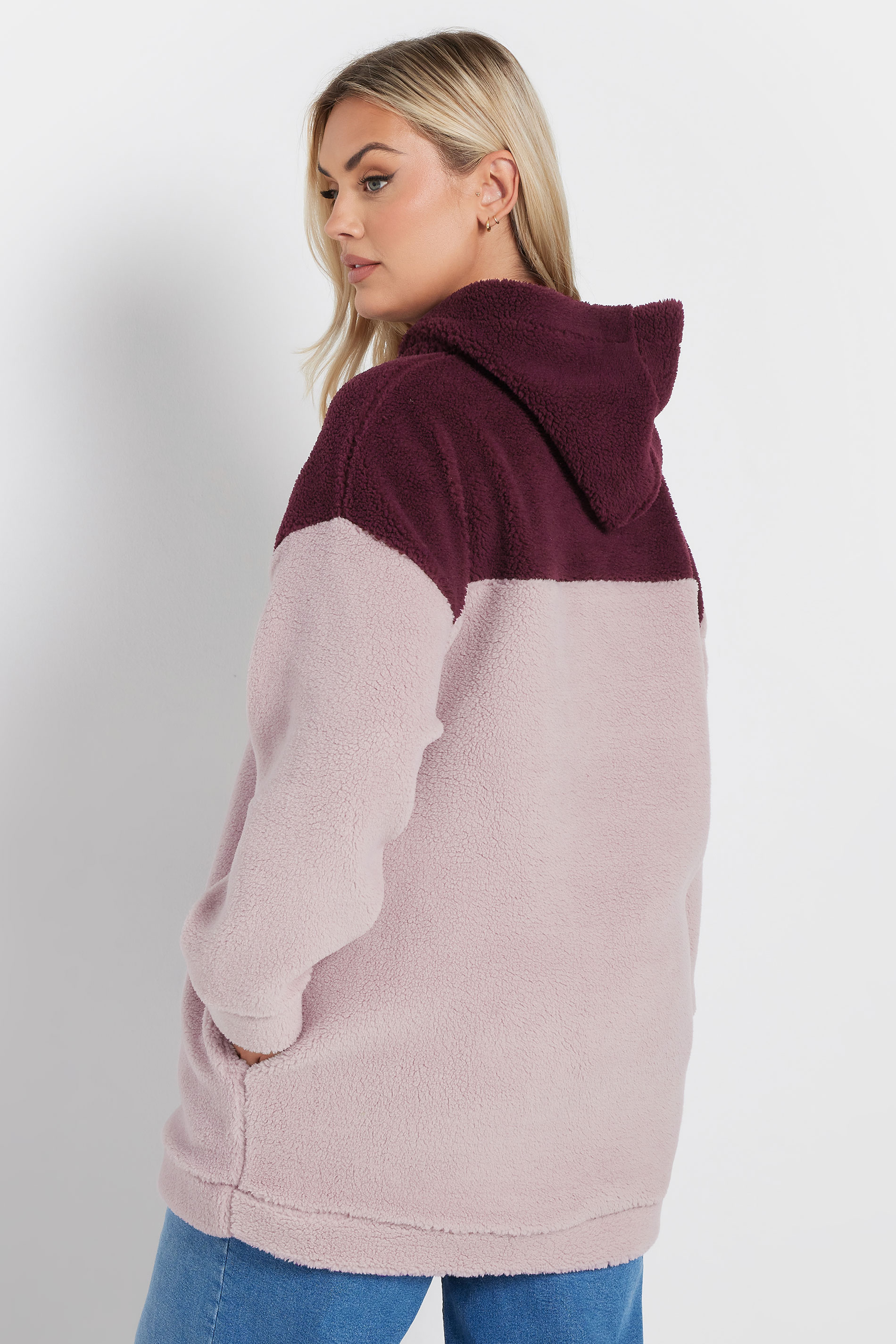 YOURS Plus Size Pink Colour Block Teddy Fleece Hoodie | Yours Clothing 2