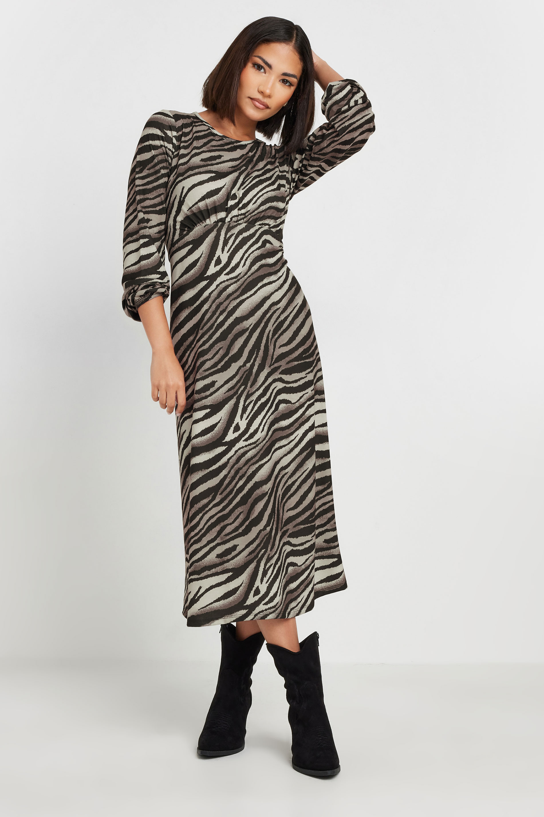 PixieGirl Petite Women's Brown Zebra Print Long Sleeve Midi Dress | PixieGirl 3
