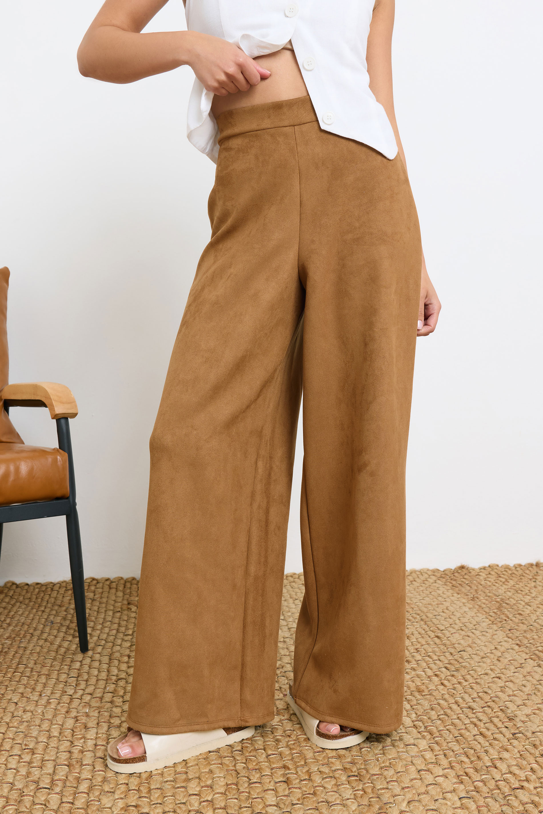 PixieGirl Petite Women's Camel Brown Suedette Wide Leg Trousers | PixieGirl 3