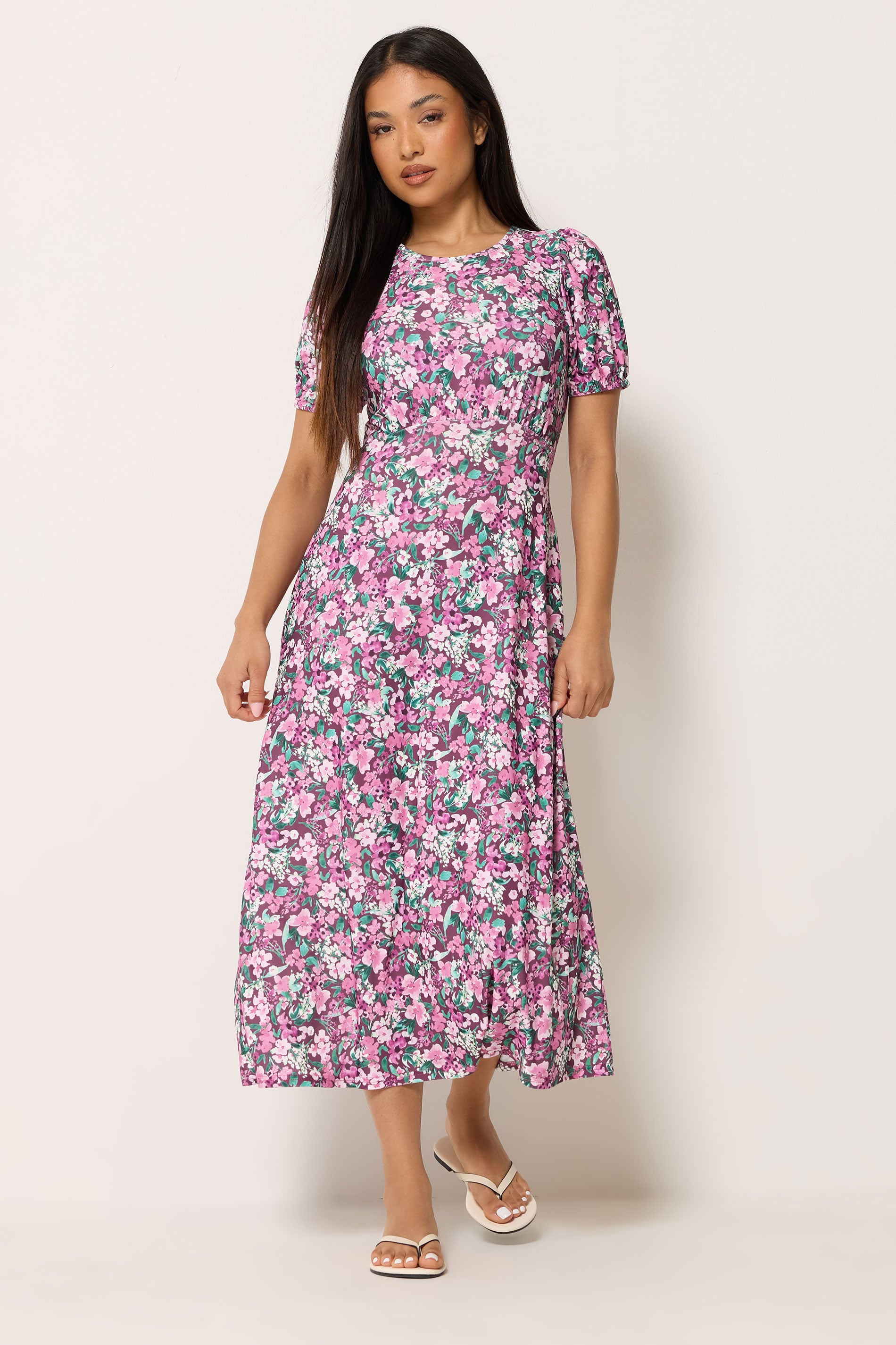 M&Co Petite Berry Purple Floral Short Sleeve Midi Dress | M&Co 1