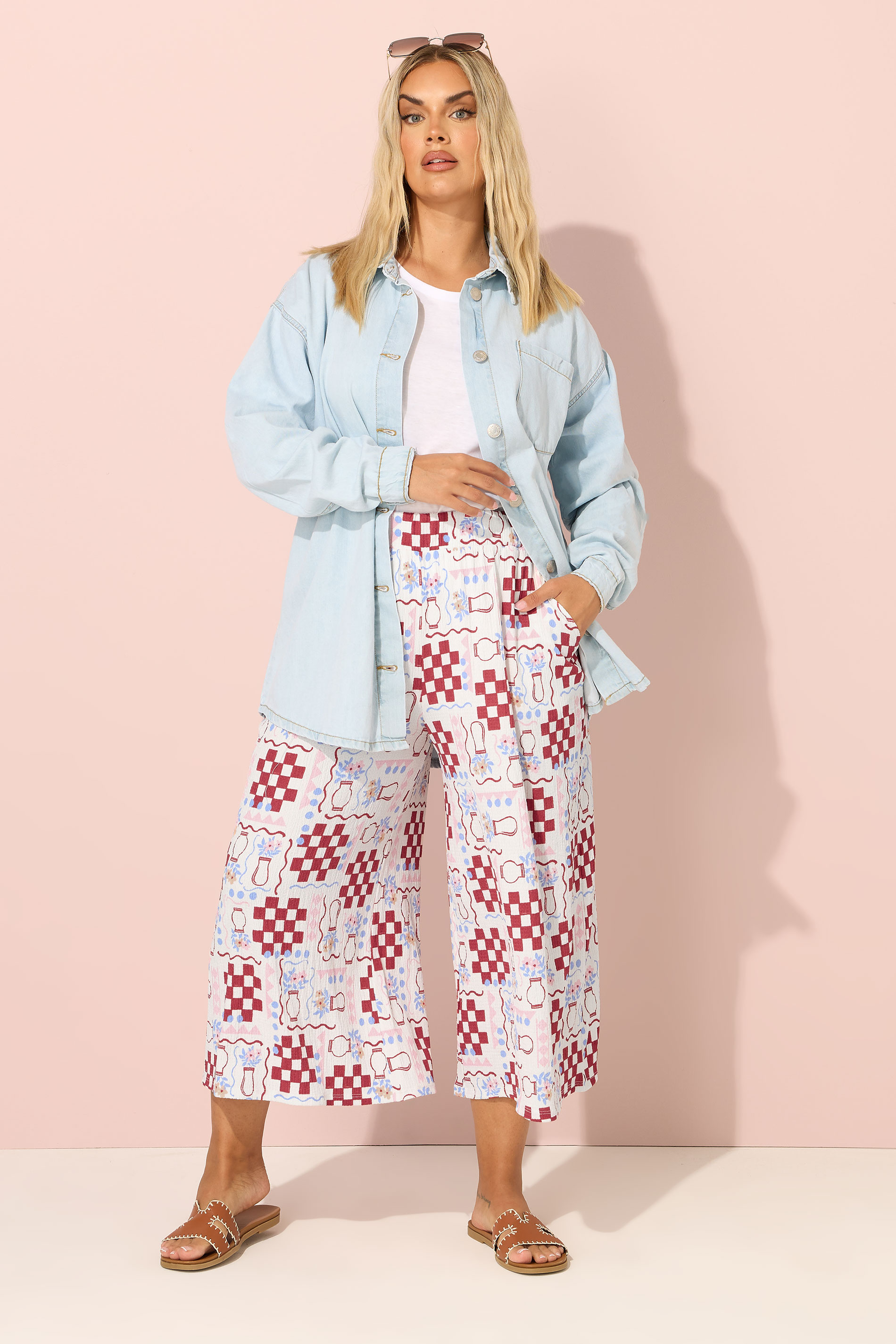 YOURS Plus Size White Floral Check Crinkle Midaxi Culottes | Yours Clothing 1